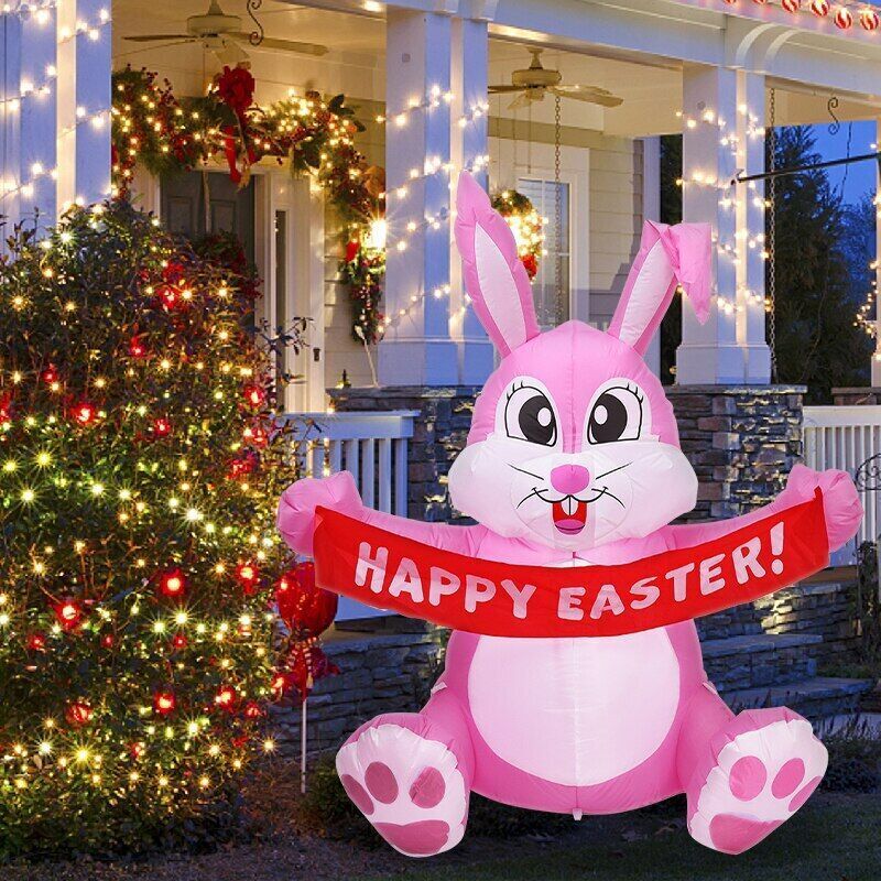 5 FT Easter Pink Bunny Inflatable Lighted Yard Decorations LED Blow up Rabbit