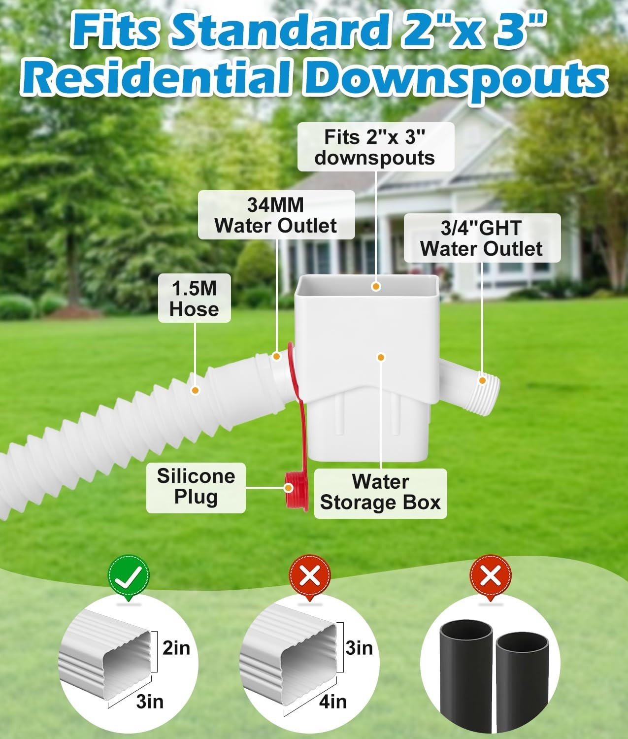 WADEO Rain Barrel Diverter for 2 x 3 Downspout with 5FT Hose