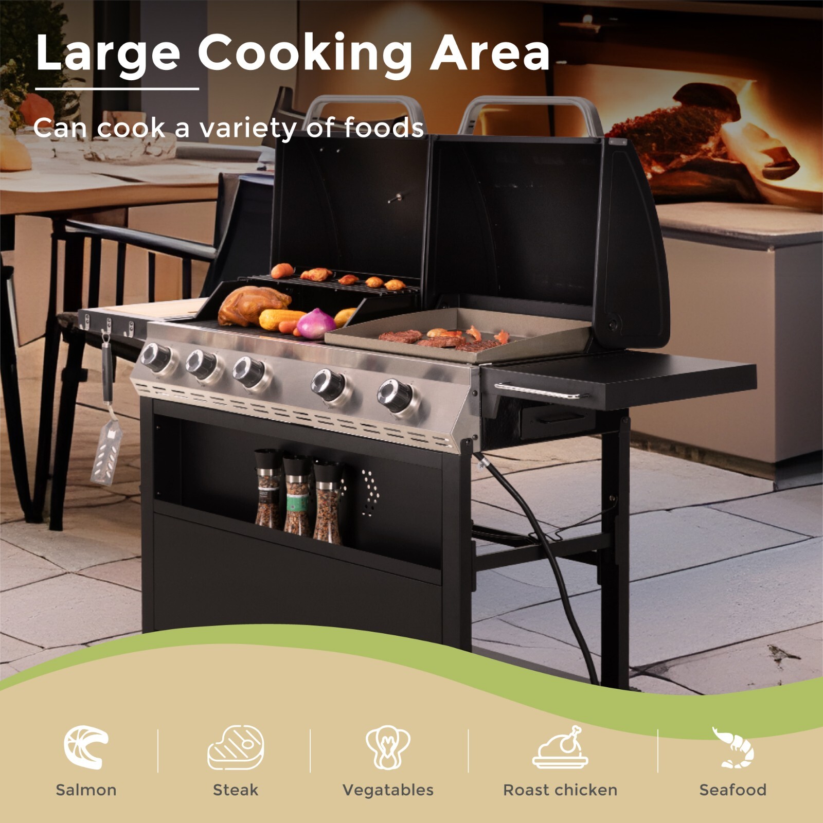 5-Burner Propane Gas Griddle Frying Combo Stainless Steel Outdoor BBQ Grill