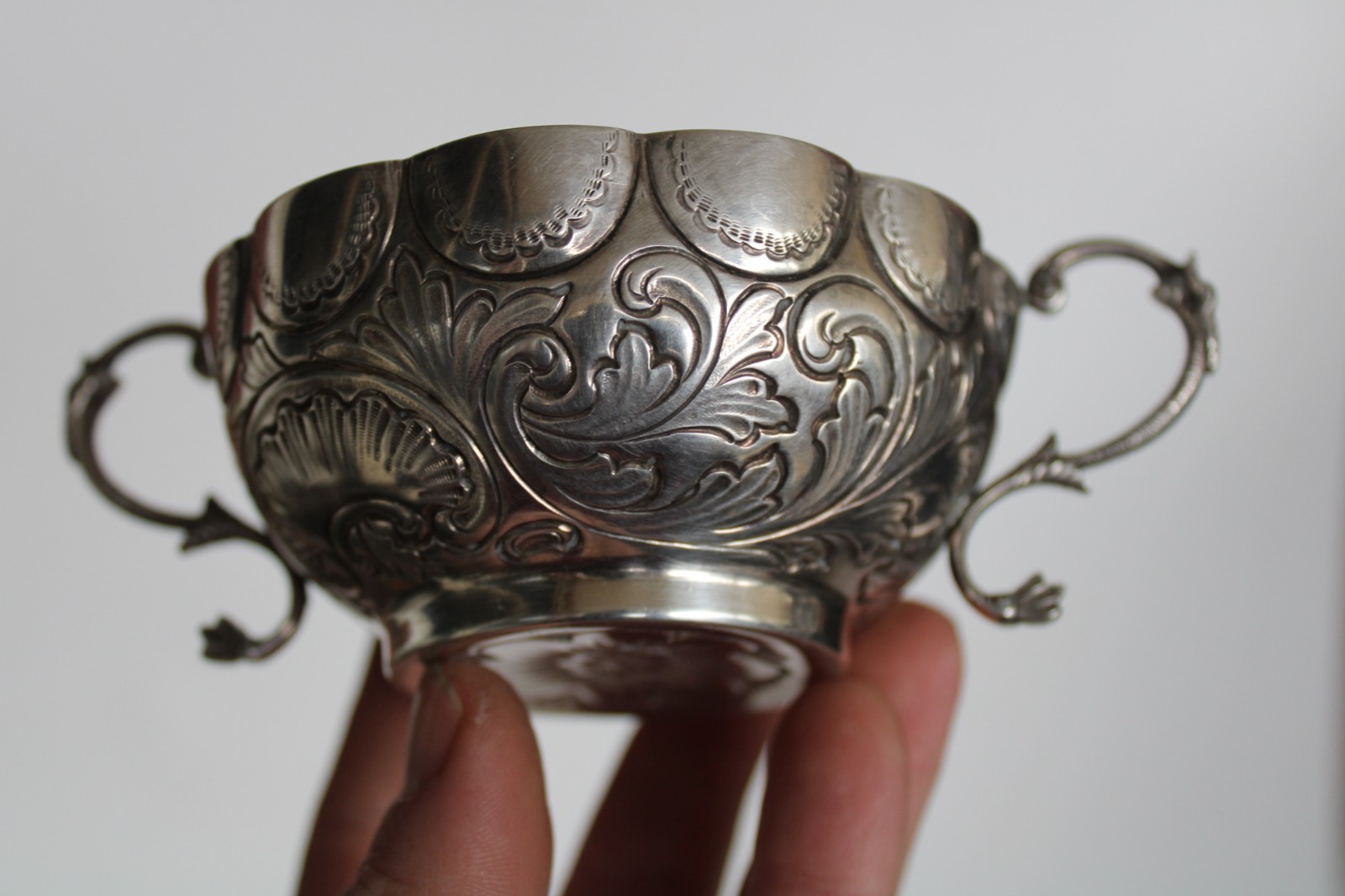 Antique 19th Century Silver Portuguese Bernegal Repousse Handled Religious Cup