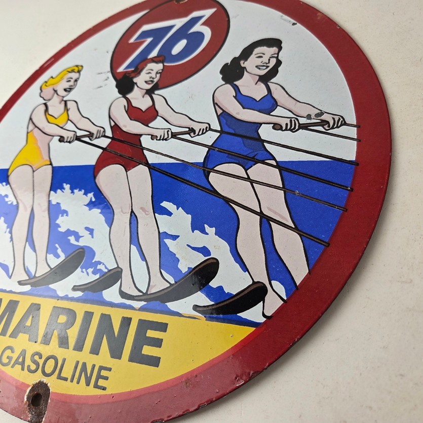Vintage Union 76 Gasoline Sign - Porcelain Ski Show Gas Service Pump Sign