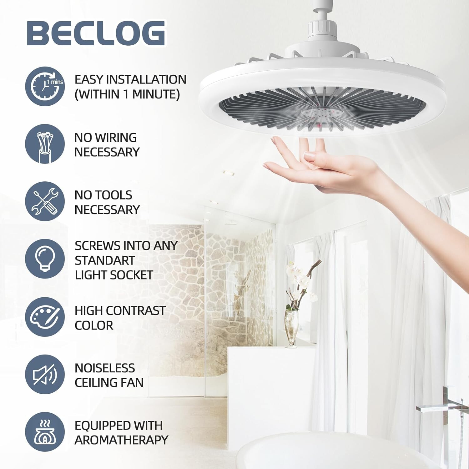 Socket Ceiling Fan Cool Light E26/E27 Base, Ceiling Fans with Light Cordless