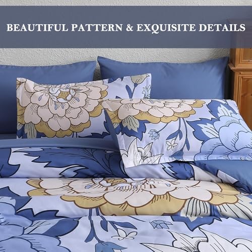 7 Pieces Floral Comforter Set Queen Size Botanical Bed in a Bag, King Blue