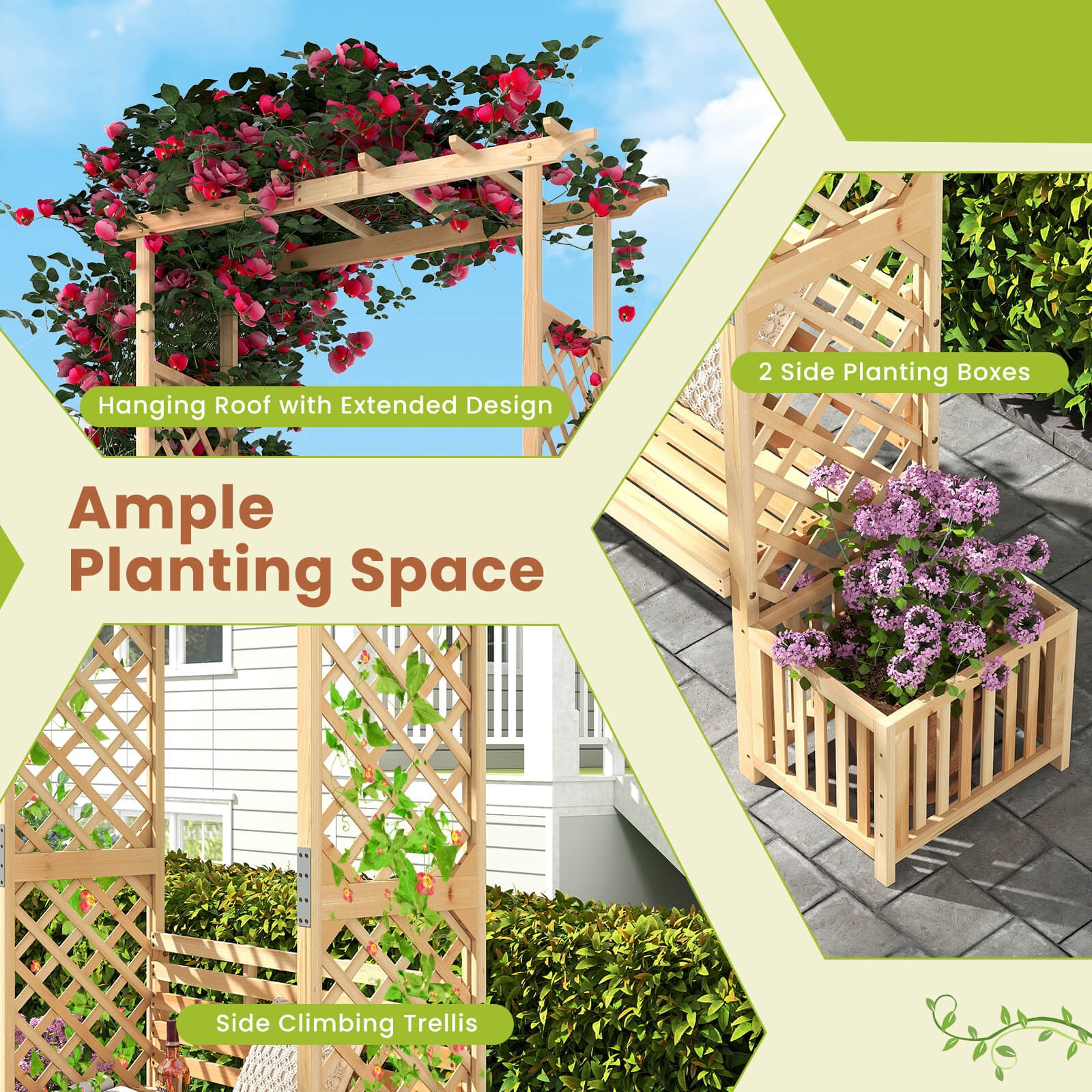 Patio Garden Bench Arbor Arch w/Pergola Planting Box Side Trellis for Vines