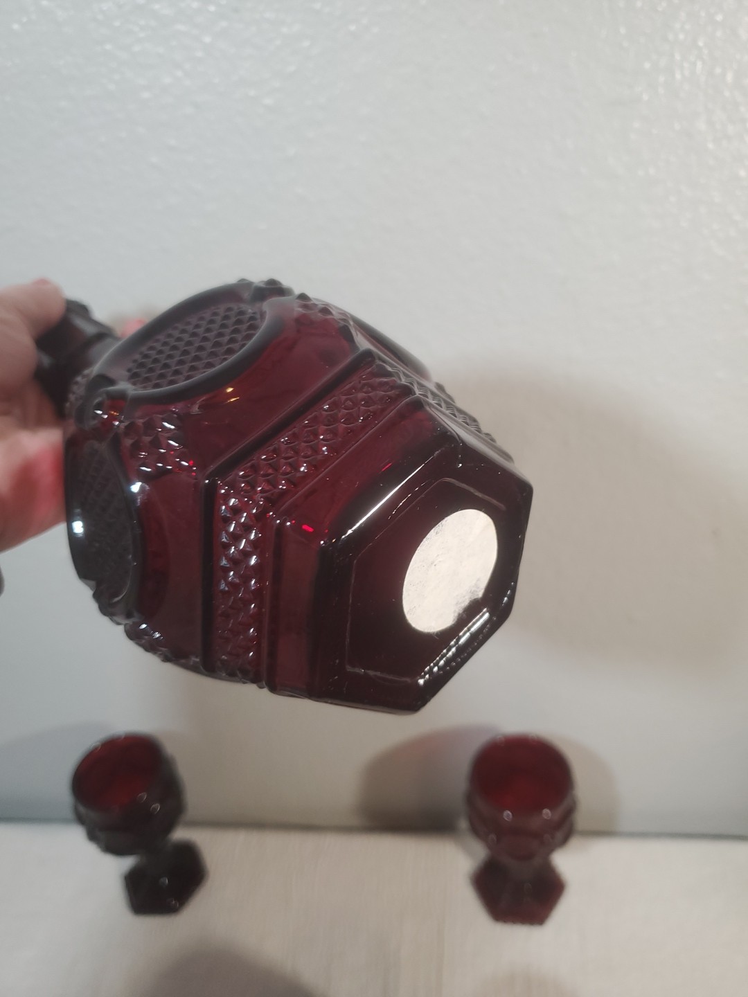 VTG Avon Decanter 4 Small Goblets 1876 Cape Cod Ruby Red Glass Victorian Gothic