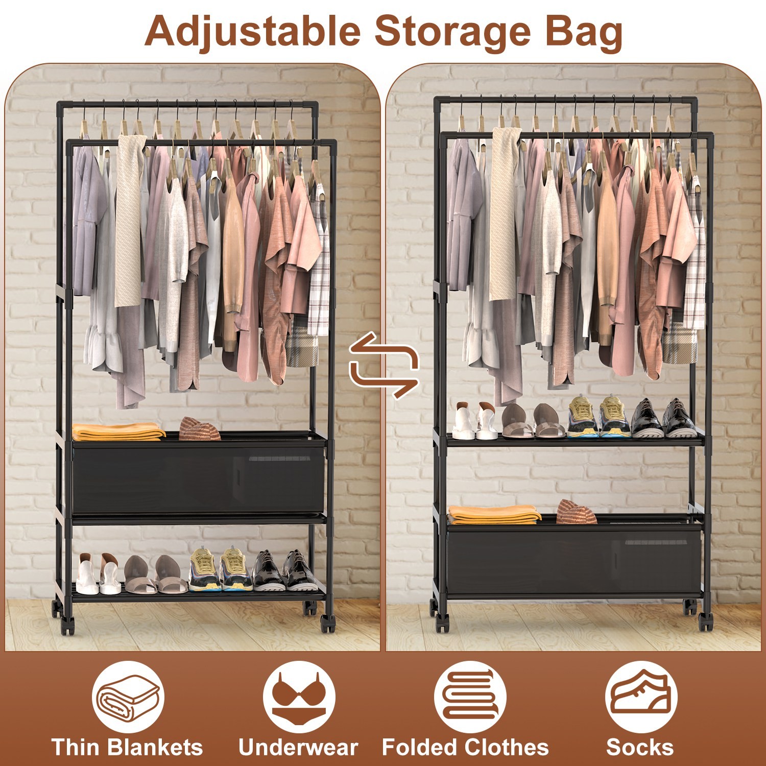 3-Tiered Garment Rack w/ Storage Bag Rolling Clothes Organizer Dual Rods Hanging