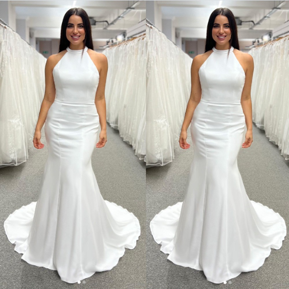 Satin Mermaid Wedding Dresses Halter Neck Sleeveless Sweep Train Bridal Gowns