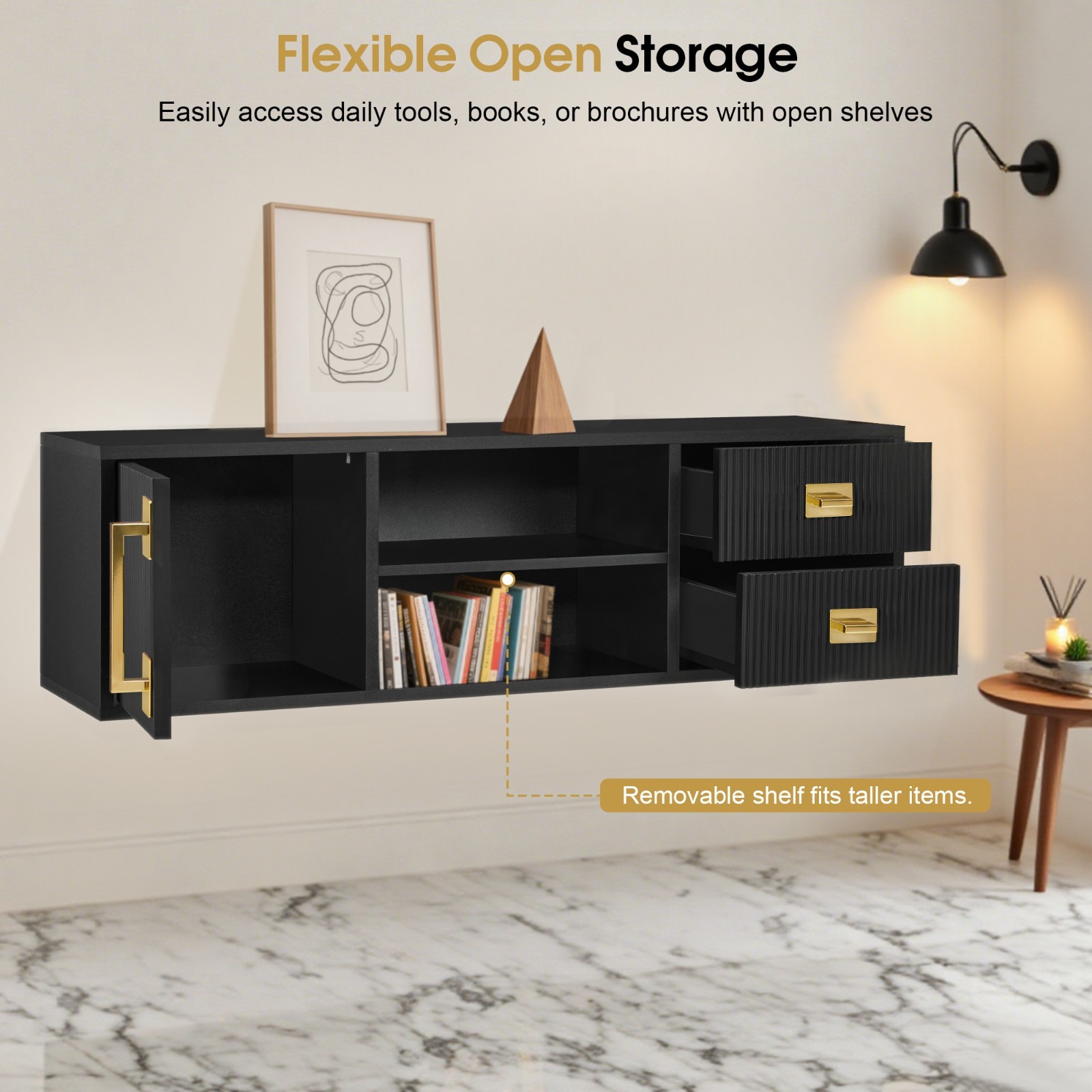 Wall-Mounted Barber Station with Golden Handles, Salon Hanging Storage Organizer