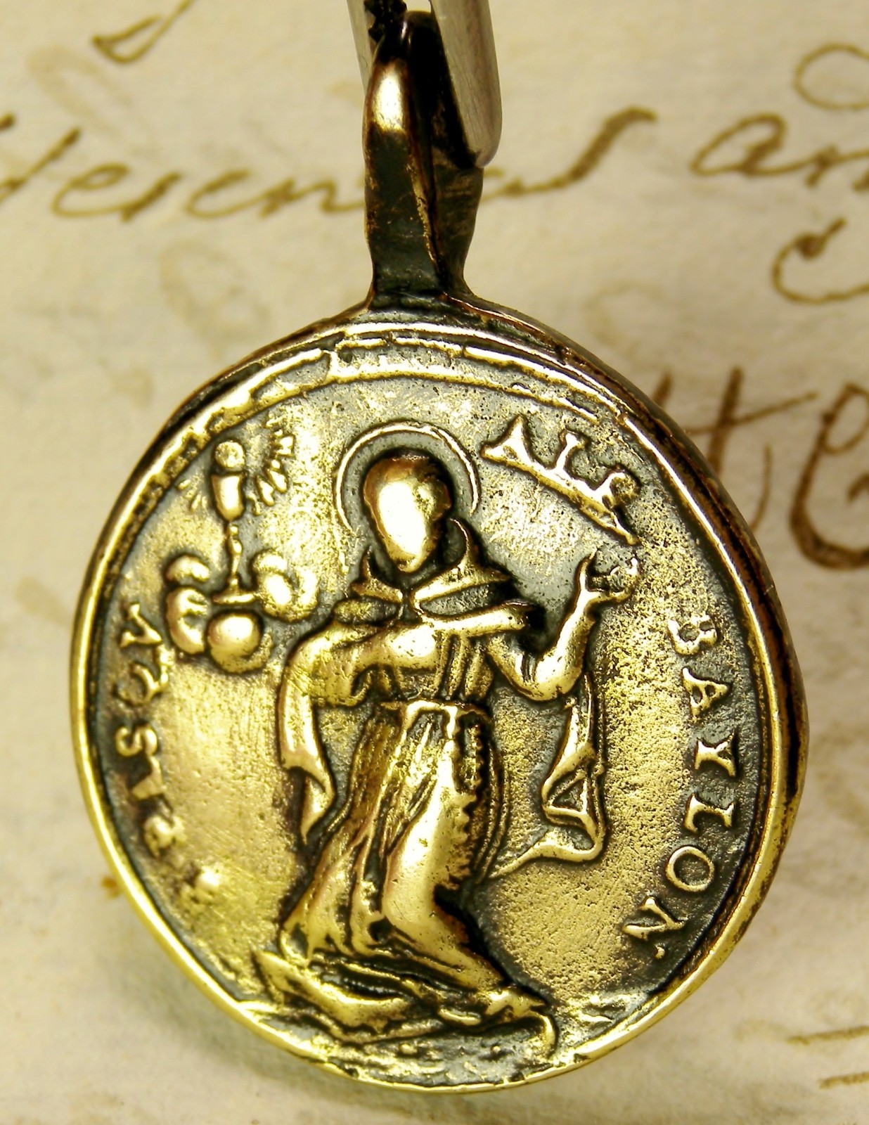 ANTIQUE 18TH CENTURY BRONZE MEDAL ST CLARE OF ASSISI & ST PASCHAL BAYLON