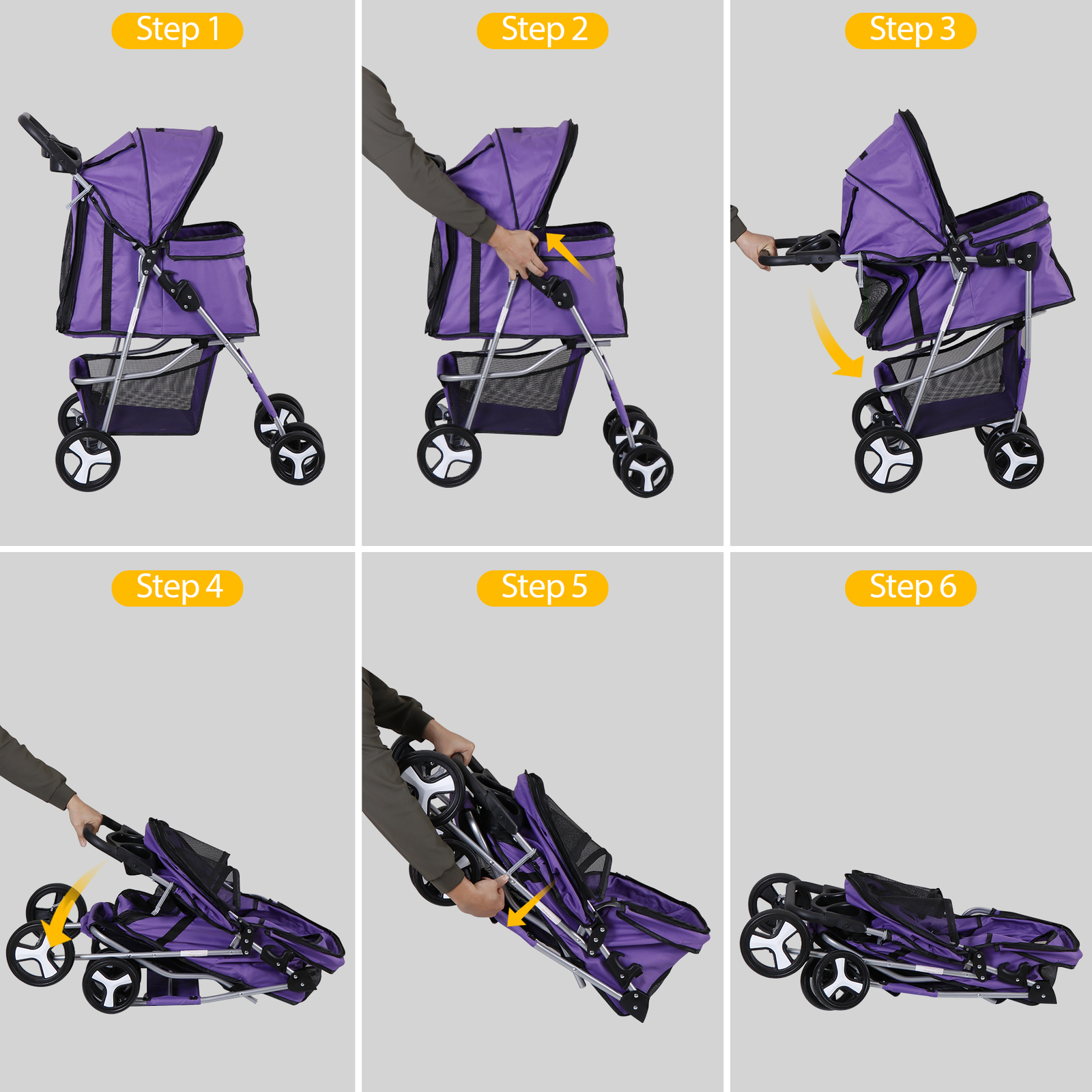 4 Wheel Dog Stroller Pet Stroller Travel Carriage w/Foldable Carrier Cart Purple
