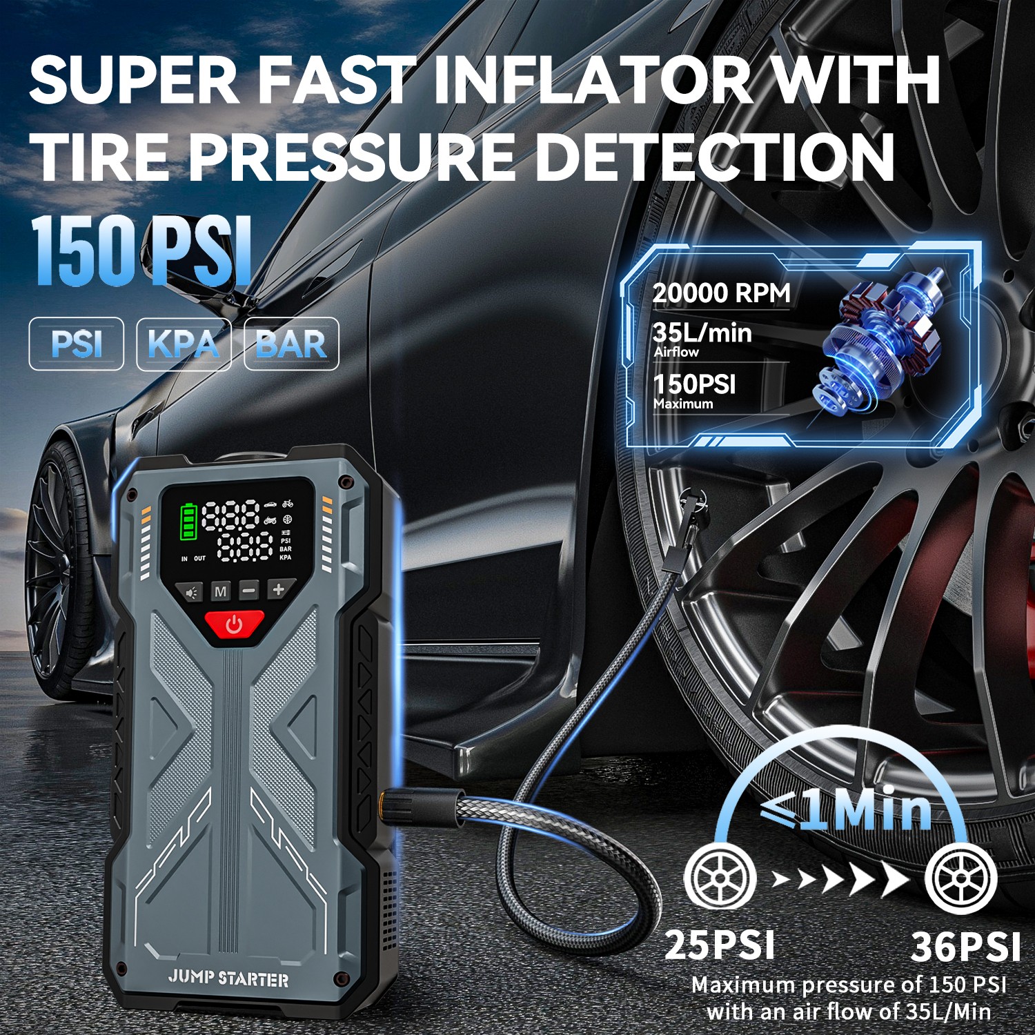 6000A Jump Starter with Air Compressor Ortable 12V Car Battery Booster PowerBank