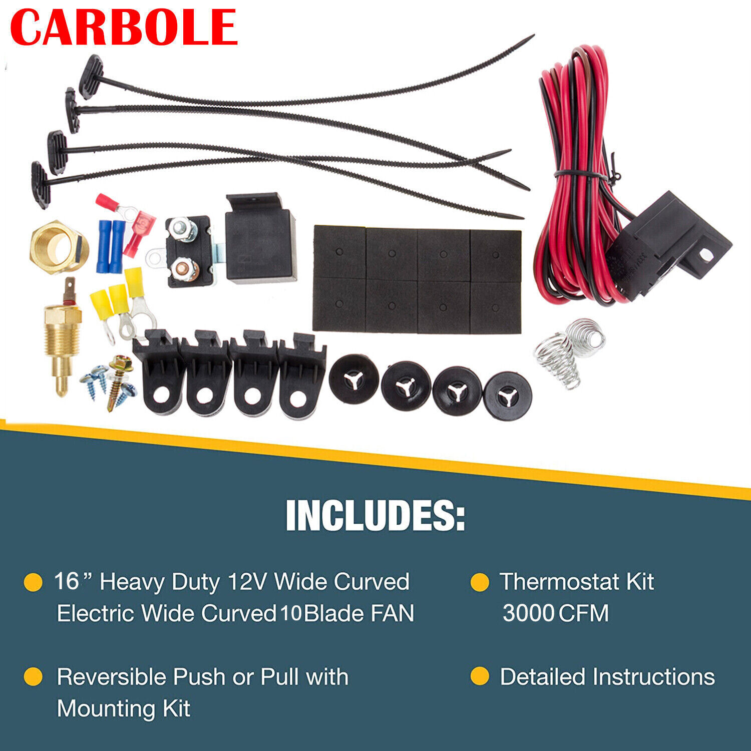 16Inch Electric Radiator Cooling Fan Thermostat Kit 3500 CFM Reversible Push 12V