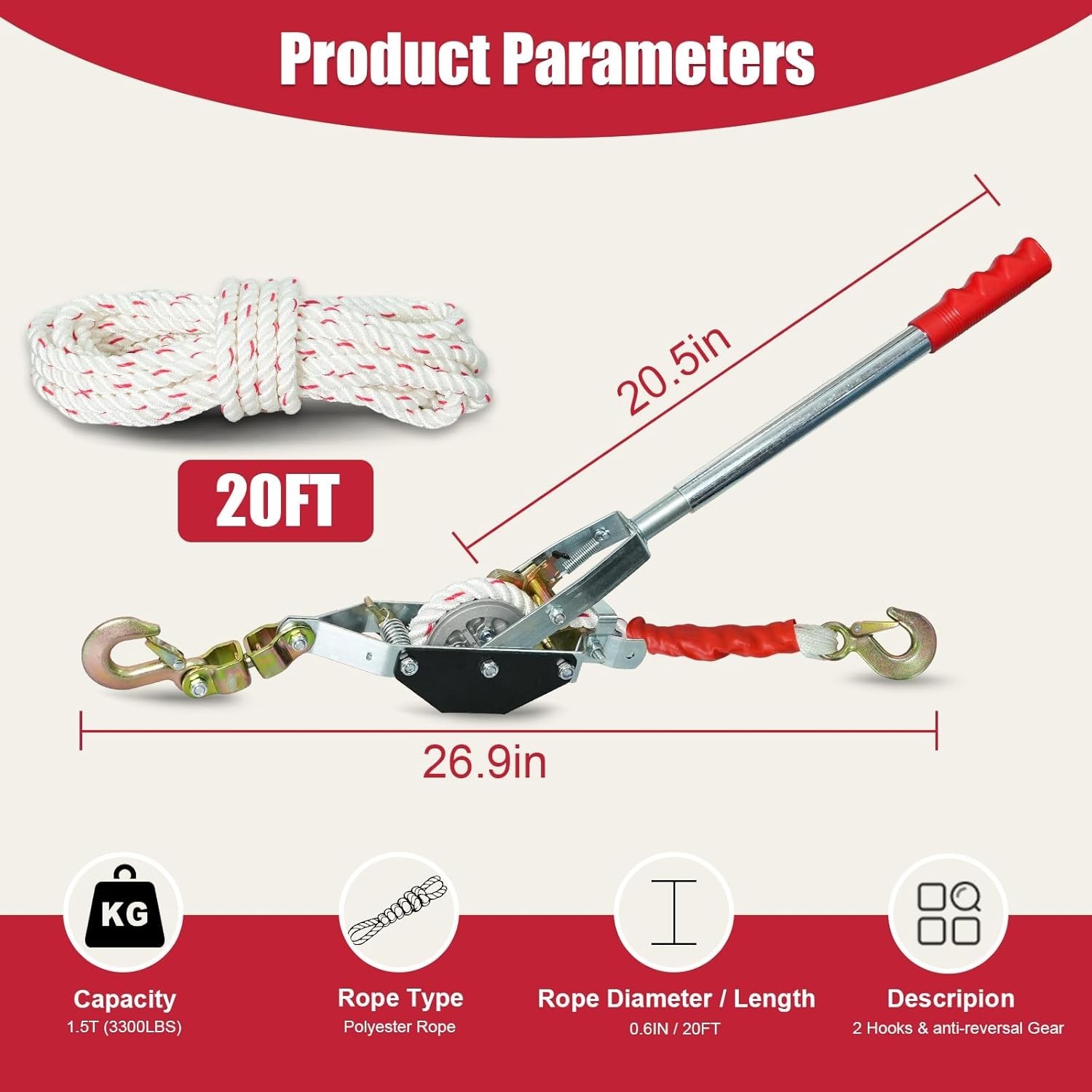 Rope Puller 1-1/2 Ton 3300 lbs Capacity with 20' of 0.6" Diameter Rope 2 Hook Co