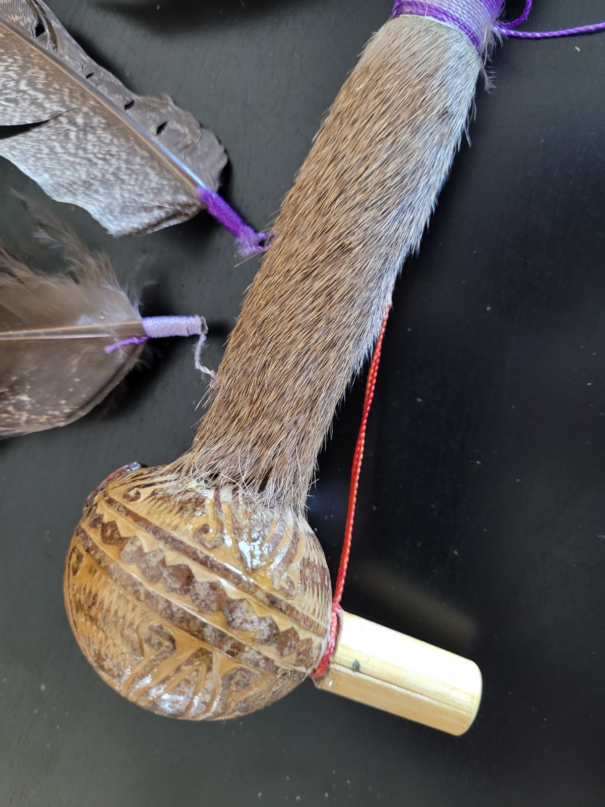 Vtg Native American Navajo Talking Ceremonial Stick Turkey Feather Deer Fur