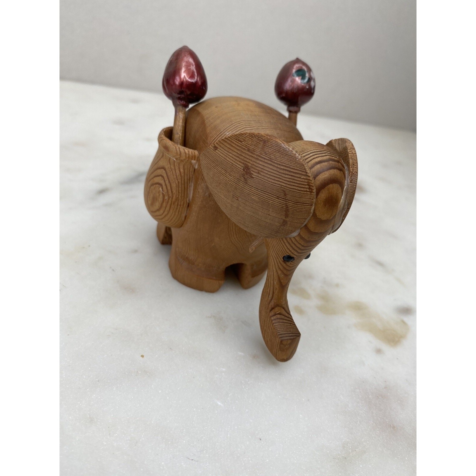 Hand Carved Wood Elephant Toothpick Holder Figurine Handpainted Maracas Trinket