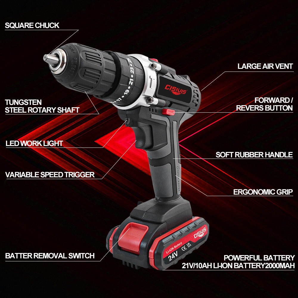 24V Cordless Impact Driver Hammer Drill Combo Kit with 2 Battery & Charger.
