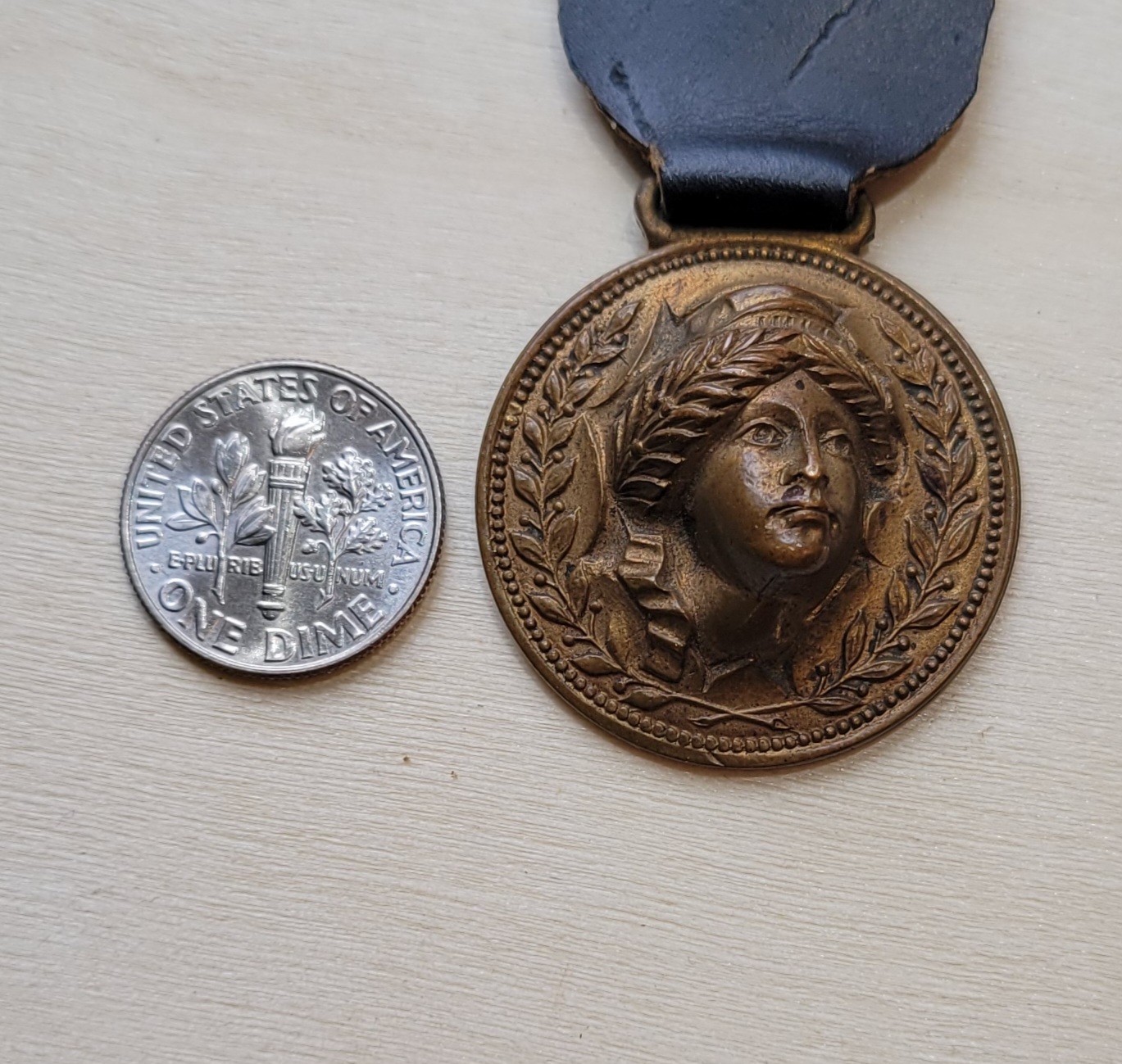 Antique Lady Liberty Woman Head Relief Pop Out Bronze Medal Fob Leather Strap