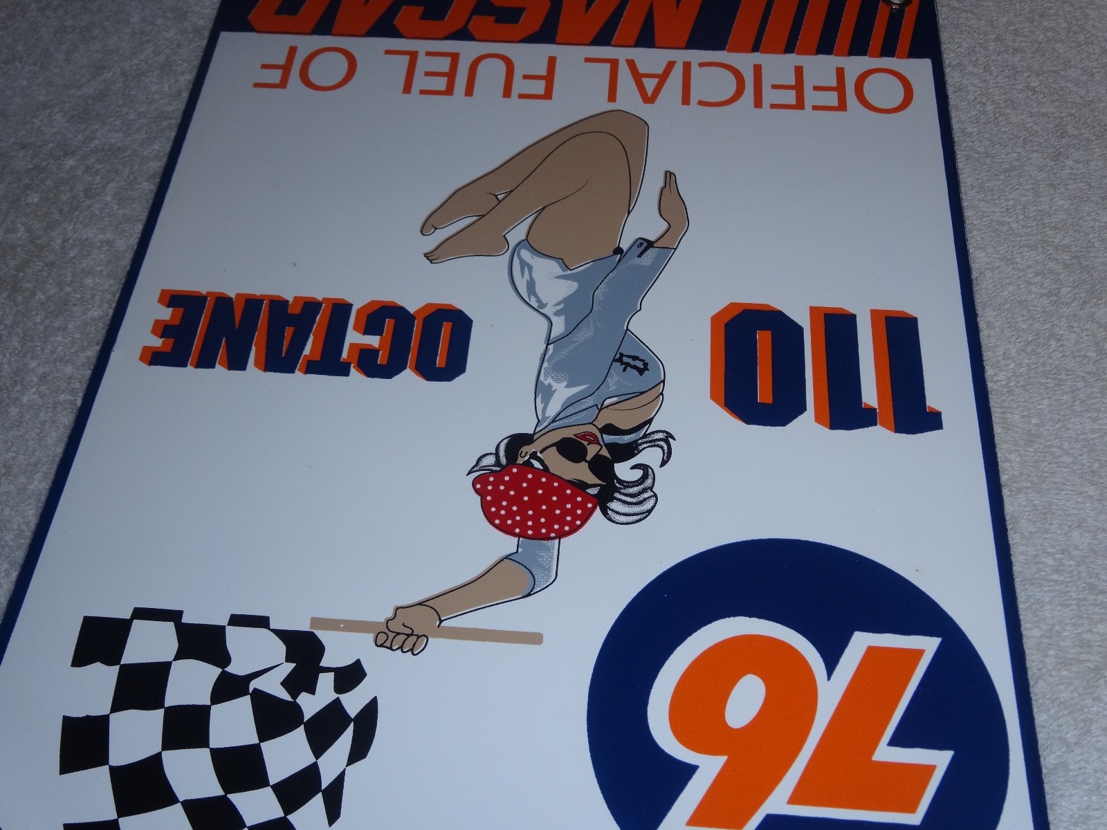 VINTAGE UNION 76 GASOLINE WOMAN +RACING FLAG 12" PORCELAIN METAL NASCAR OIL SIGN