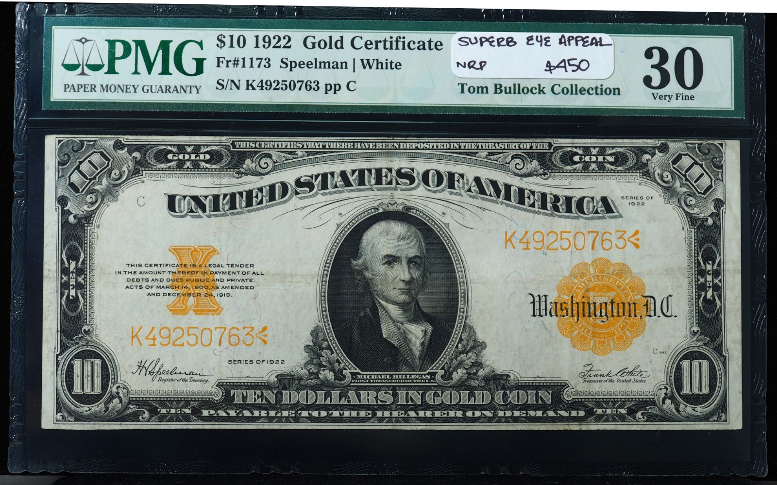 1922 $10 Gold Certificate Superb Eye Appeal PMG 30