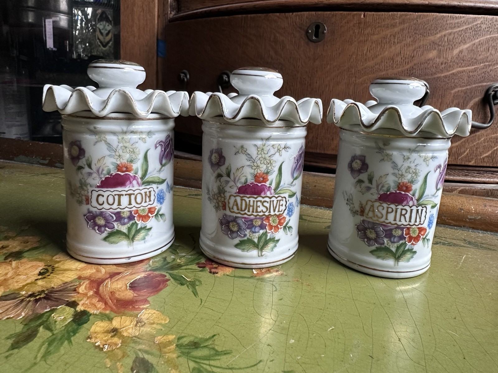 Sweet Set of 3 Vintage Apothecary Jars Cotton Aspirin adhesive Made in Japan