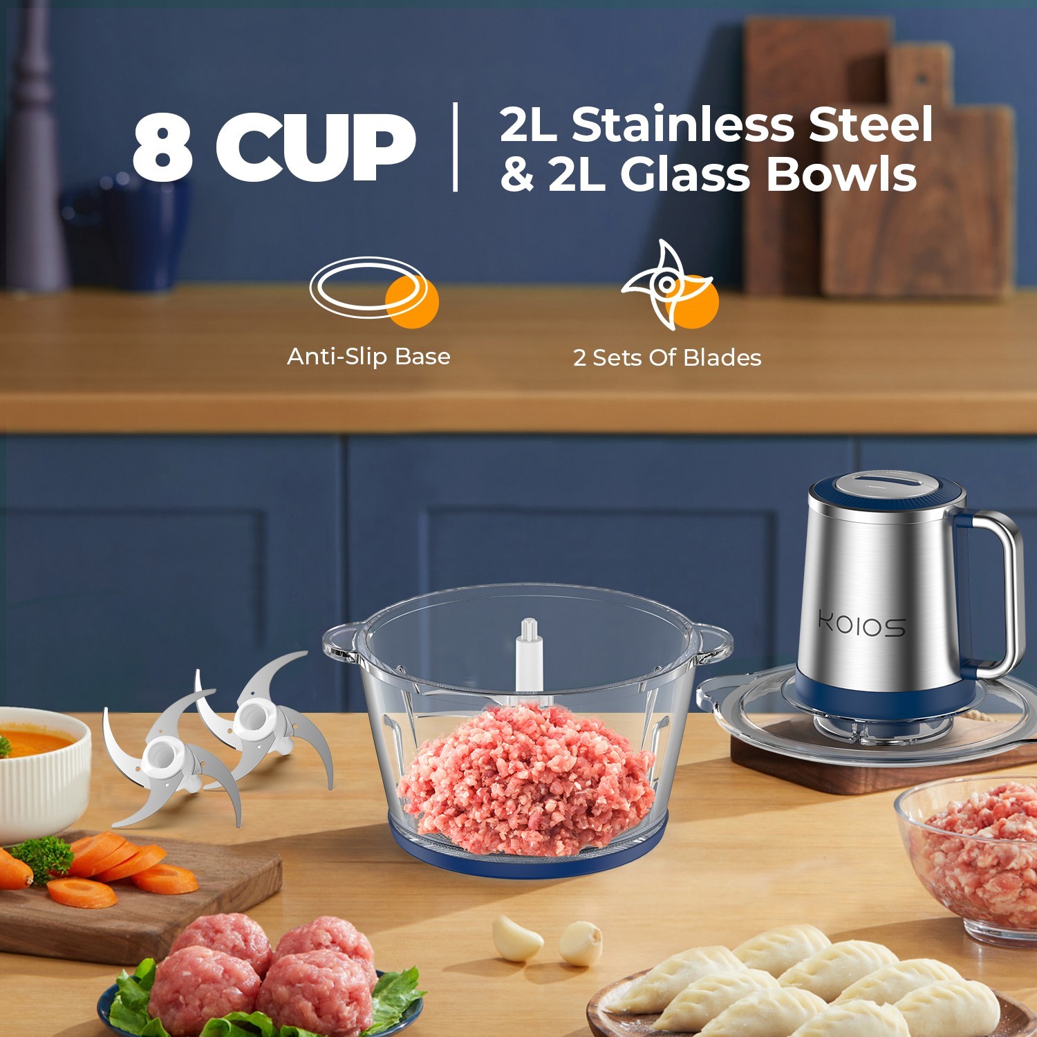 KOIOS Electric Food Processors Chopper w/8 Cup Glass Bowl Stainless Steel Blade