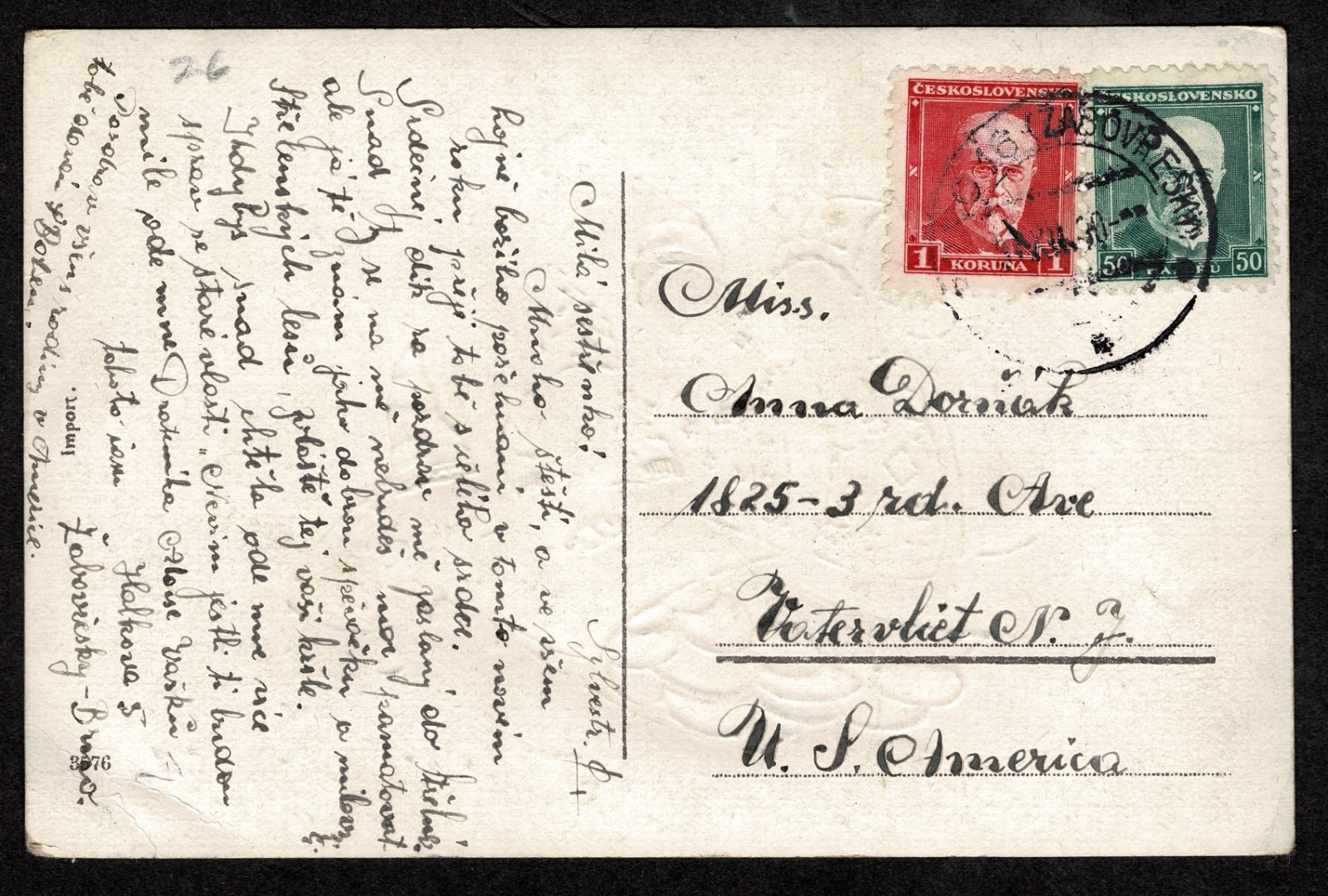 CZECHOSLOVAKIA  To US 1935 Postcard with 1928 1K carmine and 50h green Lovely