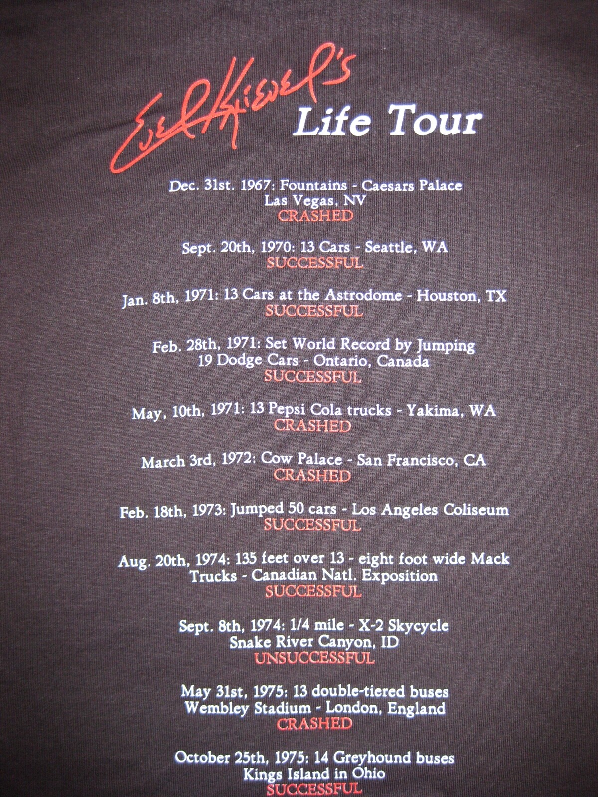 Evel Knievel Commemorative "Concert style" T-Shirt! LAST STOCK $9.99 S-M-L ONLY!