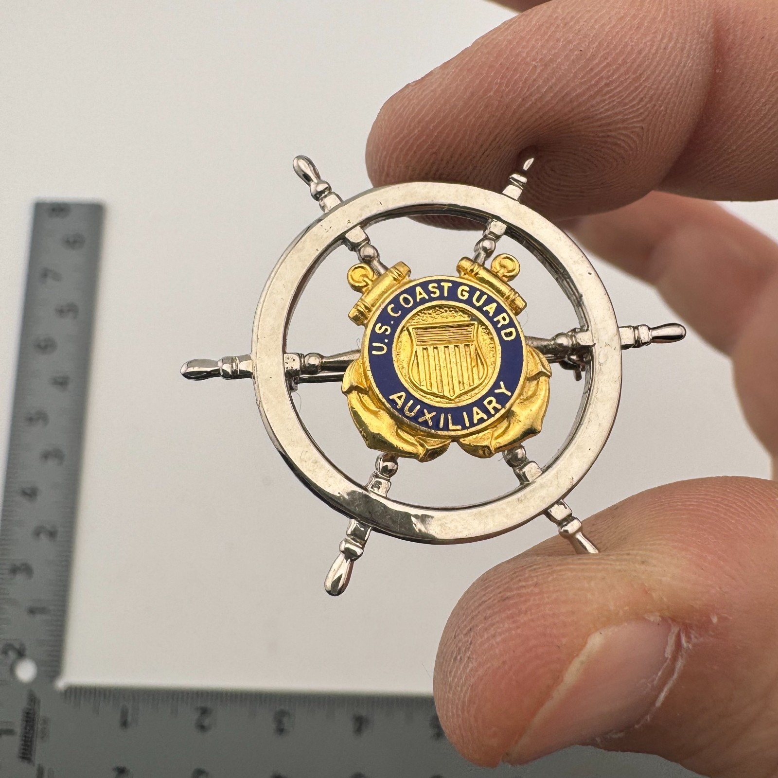 U.S. Coast Guard Auxiliary Enamel Ship Wheel Brooch Pin Silver/Gold Tone