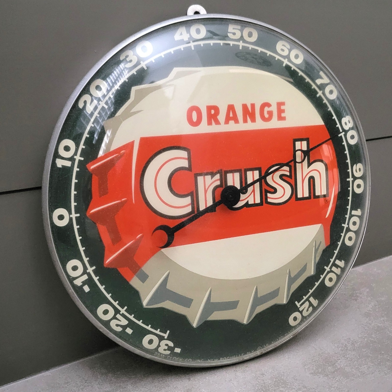 Vintage 58 Orange Crush Thermometer Pam Clock Round Sign Glass Cover Advertising