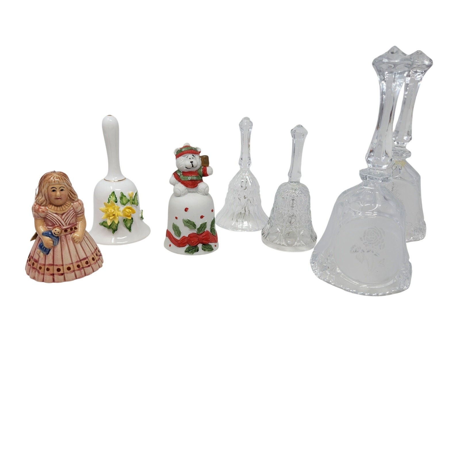 Lot Of 7 Mixed Etched Glass Ceramic Vintage Bells Collections Collectibles