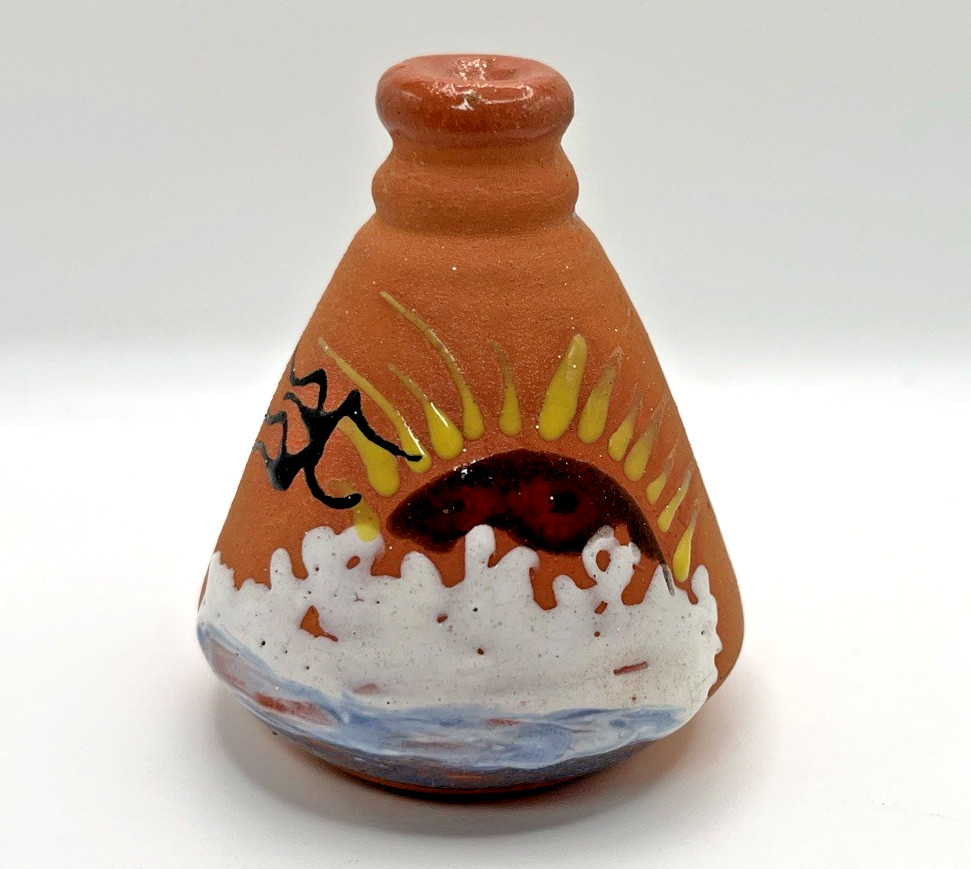 Vtg Miniature Pottery Jar Hand Painted Sun & Waves- Signed