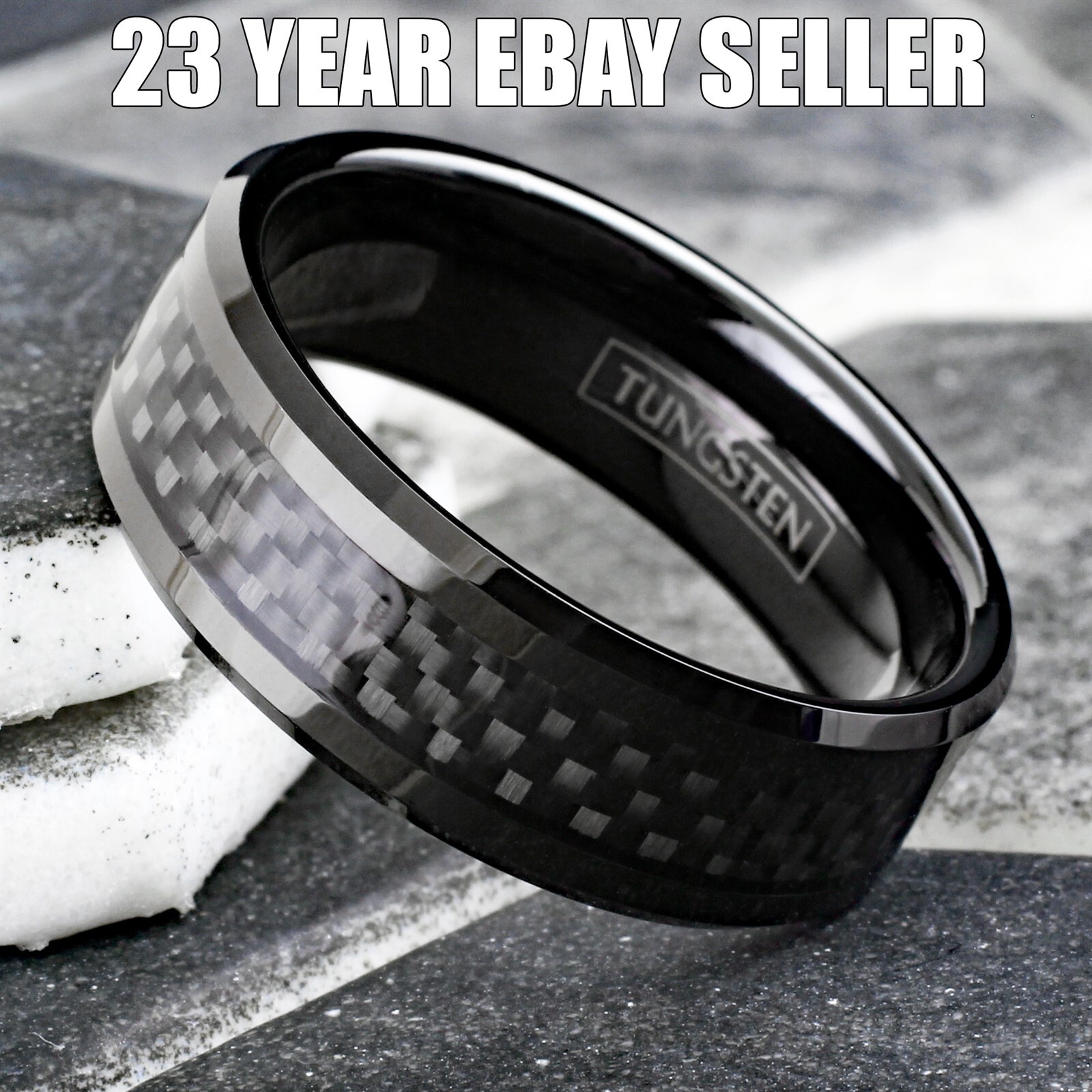 8mm Tungsten Carbide Ring Black Carbon Fiber Inlay Wedding Band Mens Jewelry