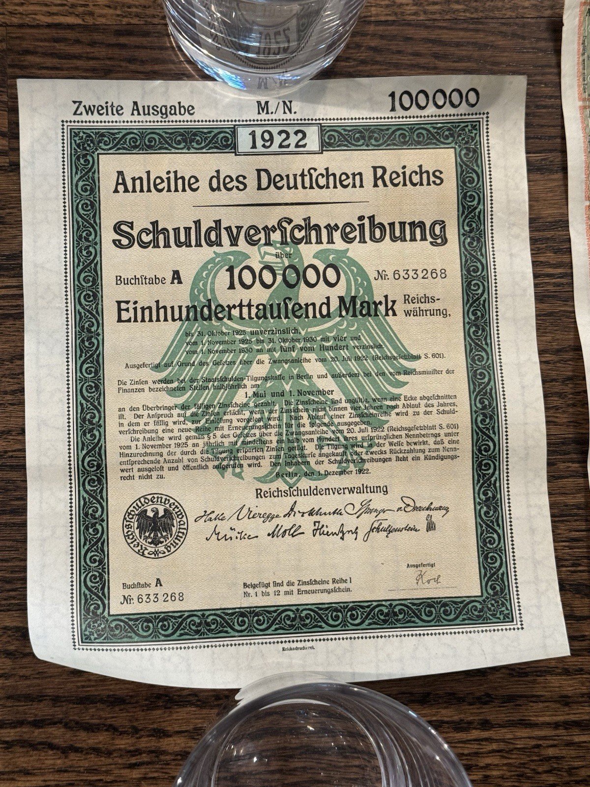 GERMANY Weimar Republic 1922 Berlin German Treasury Bond w/ Coupons 100,000 Mark