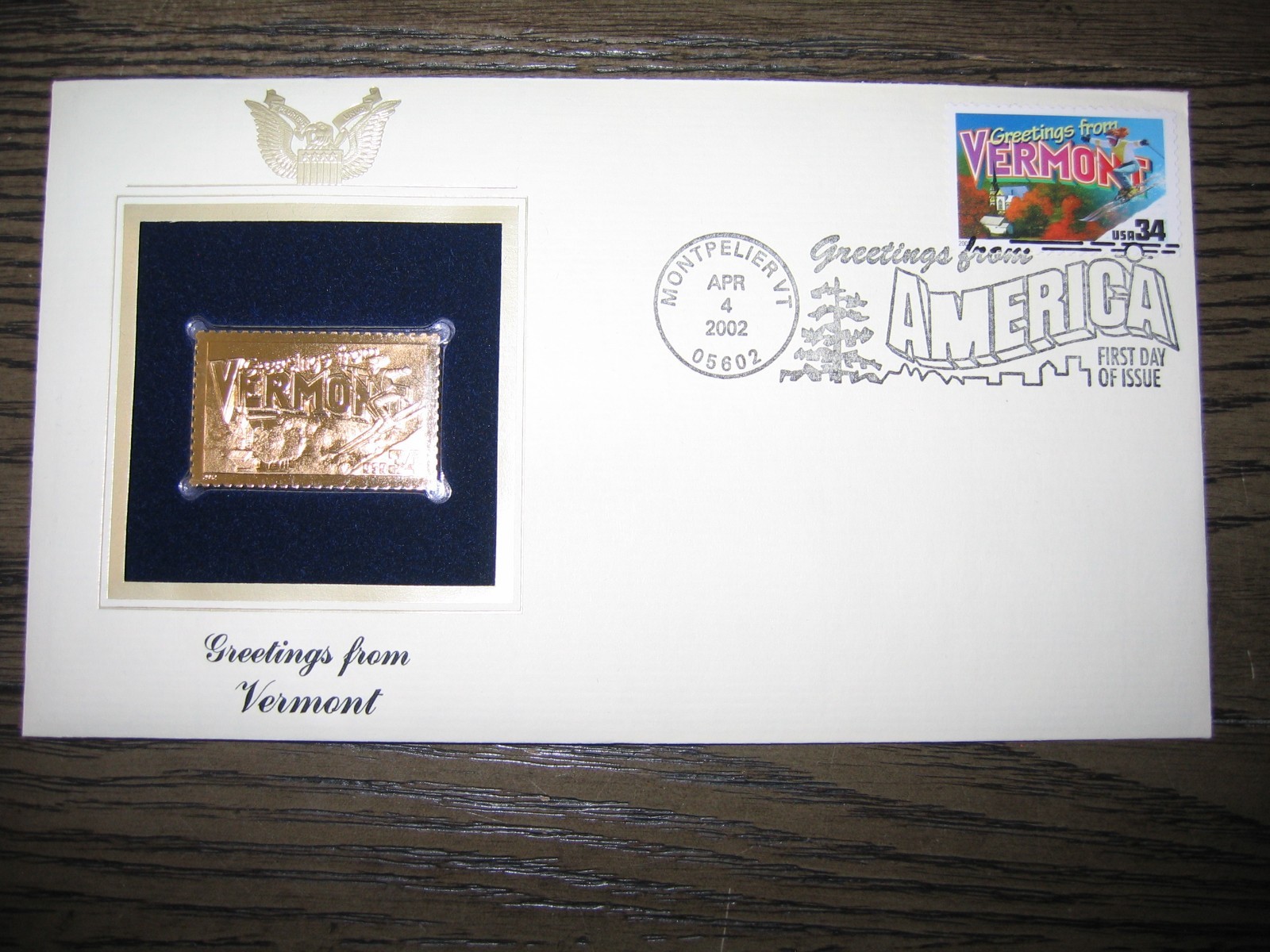 2002 VERMONT Greetings From America replica Gold Stamp Golden COVER