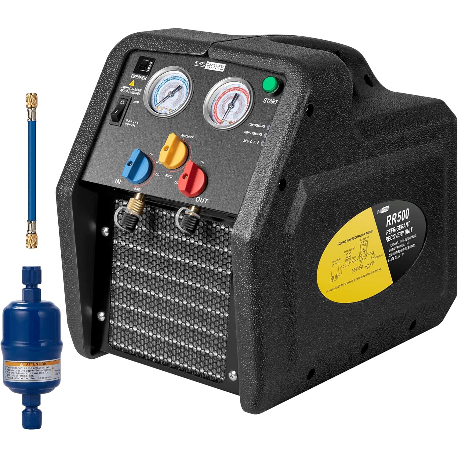 R1234YF 1 HP Dual Cylinder Refrigerant Recovery Machine Oil-Less Freon Recycling