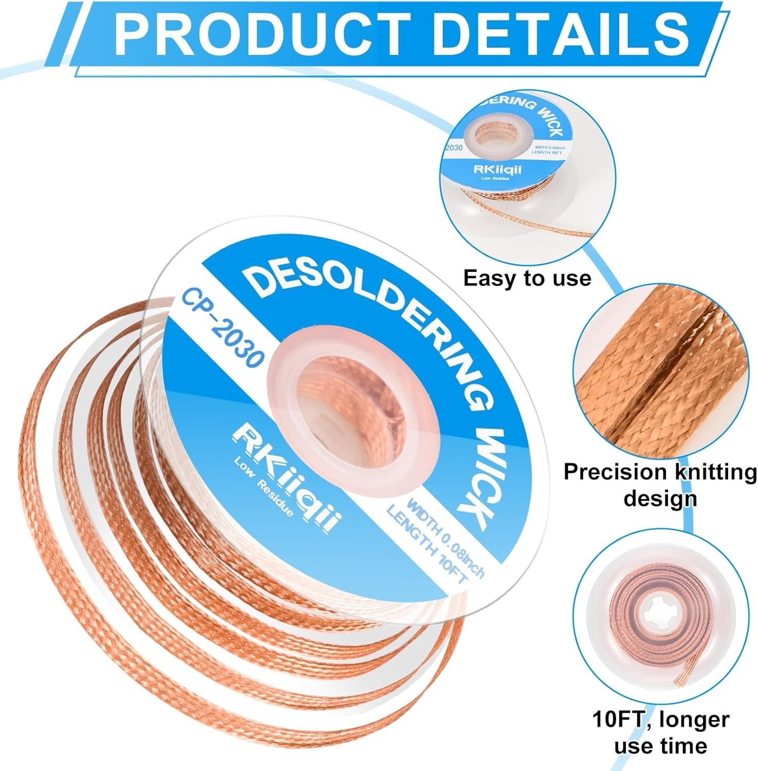 3Pcs Solder Wick Braid Kit with Flux, Low Residue Desoldering Wire 10ft Each