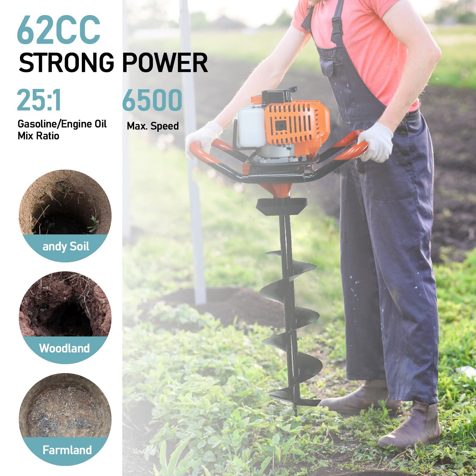 62CC 2.1KW Gas Post Hole Auger Digger W/ 3 Bits (3" 5" & 8")+3 Rods(24"24"24")