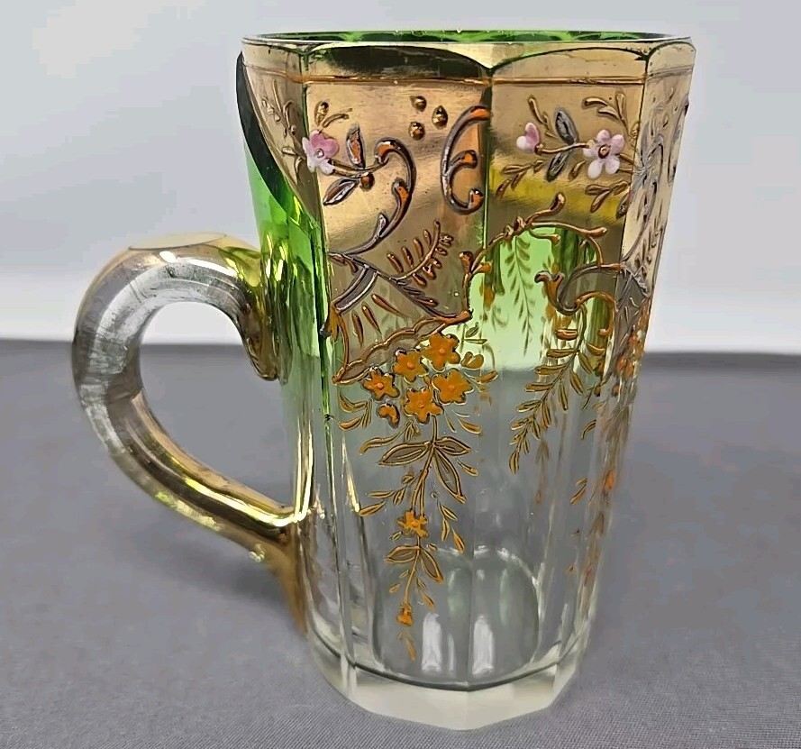 Moser Gilt Clear to Green Glass Handled Cup Enameled 19th Century