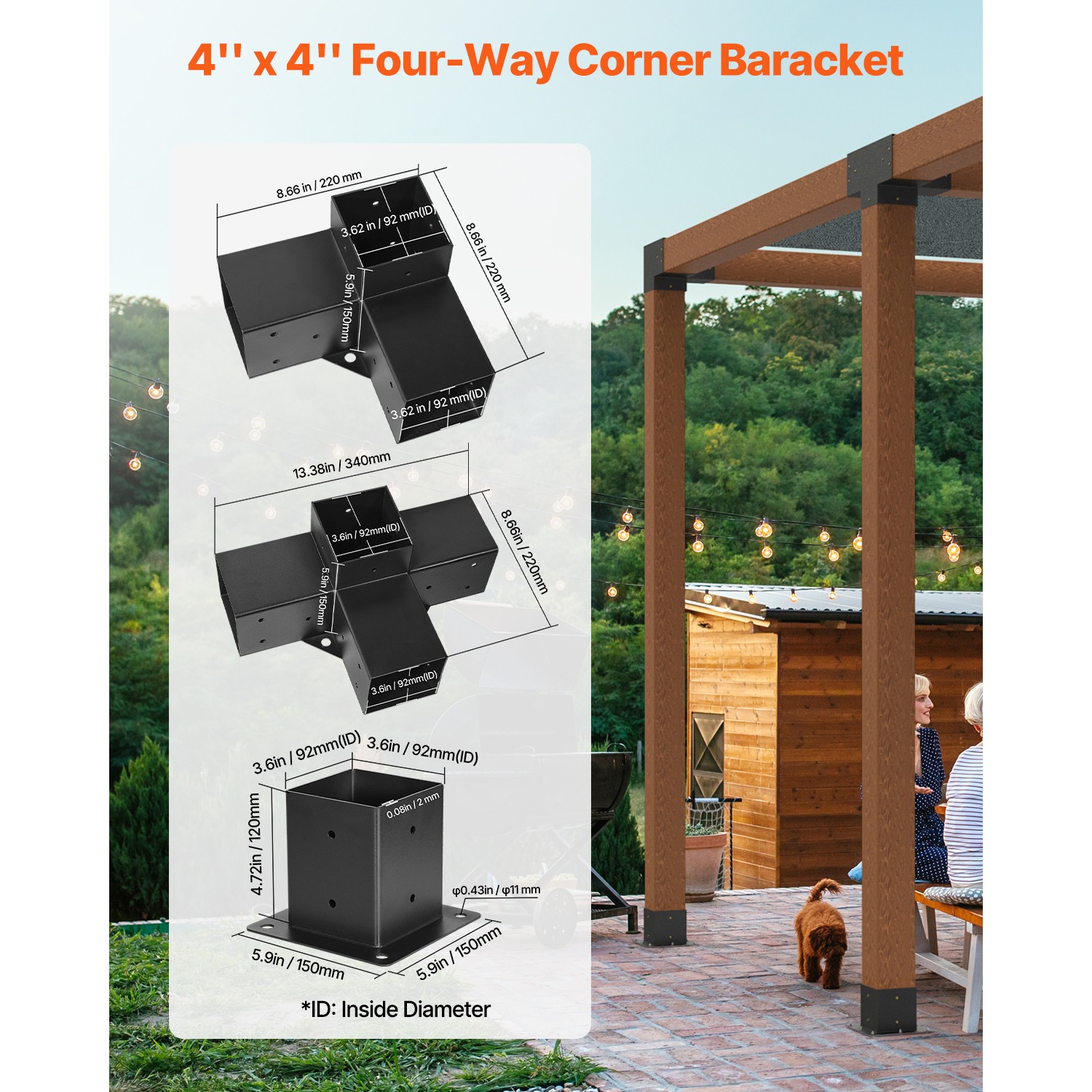 Uimoso 4x4 Pergola Bracket Kit 3.5x3.5 Inner, 3- & 4-Way Brackets with Bases