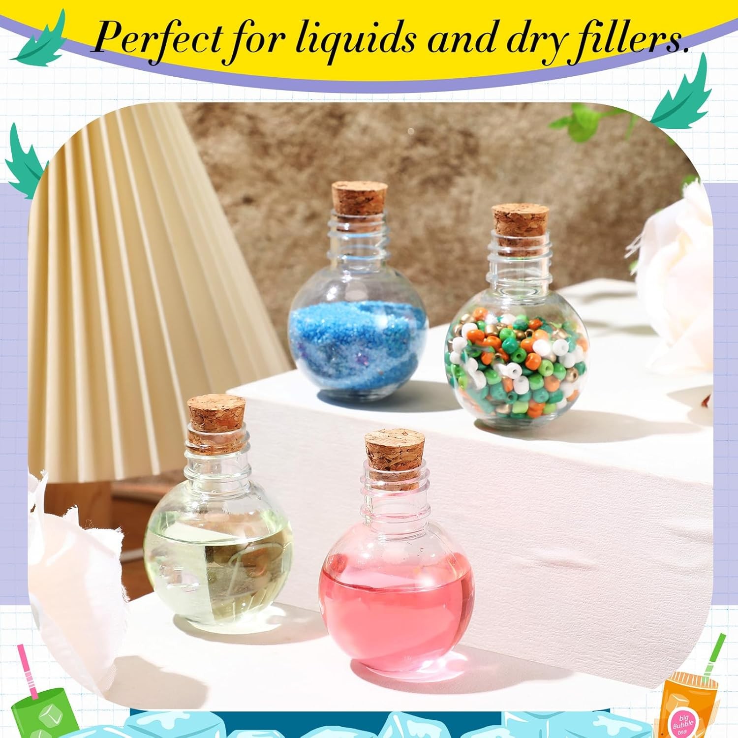 25 Pack 1oz Plastic Mini Potion Bottles with Corks Spherical Small