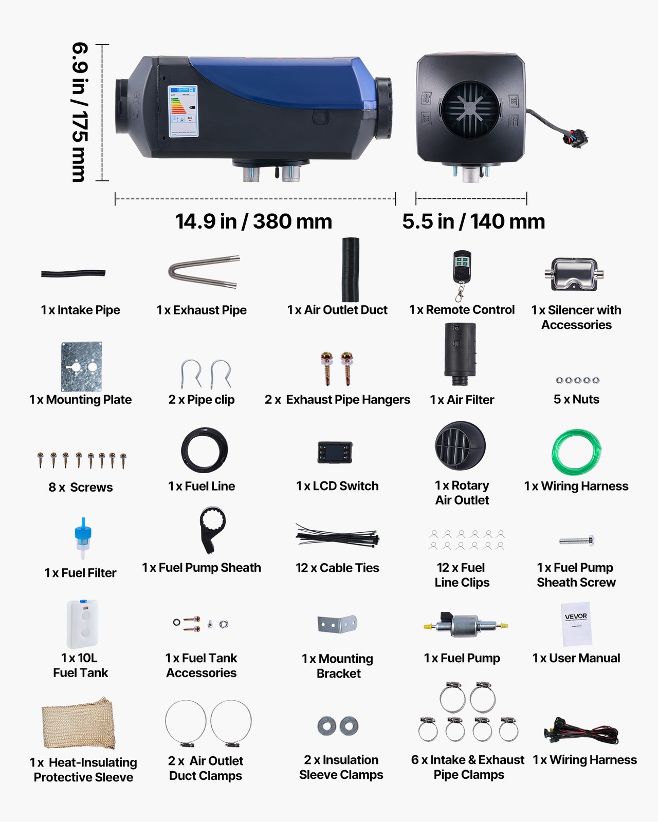 VEVOR Diesel Heater Portable Diesel Air Heater 8KW DC 12V/24V 2.6 Gal Large Tank
