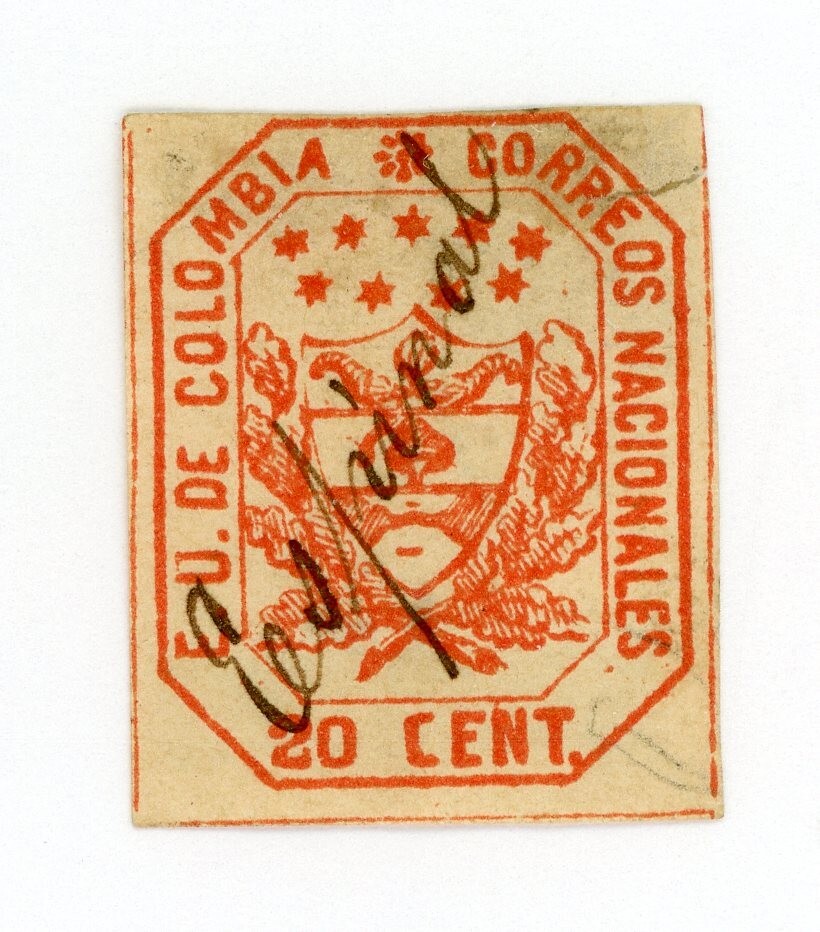 COLOMBIA SC # 26 YV #21 SCARCE EL ESPINAL MANUSCRIPT CANCEL SM TEAR ON TOP RIGHT