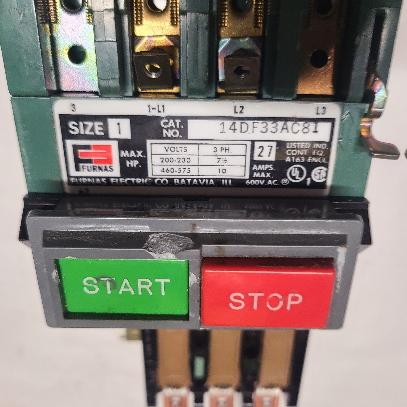 Furnas 14DF33AC81 Motor Starter Size 1, 27A Max, 200-575V rated 3 PH, 7.5-10 H.P