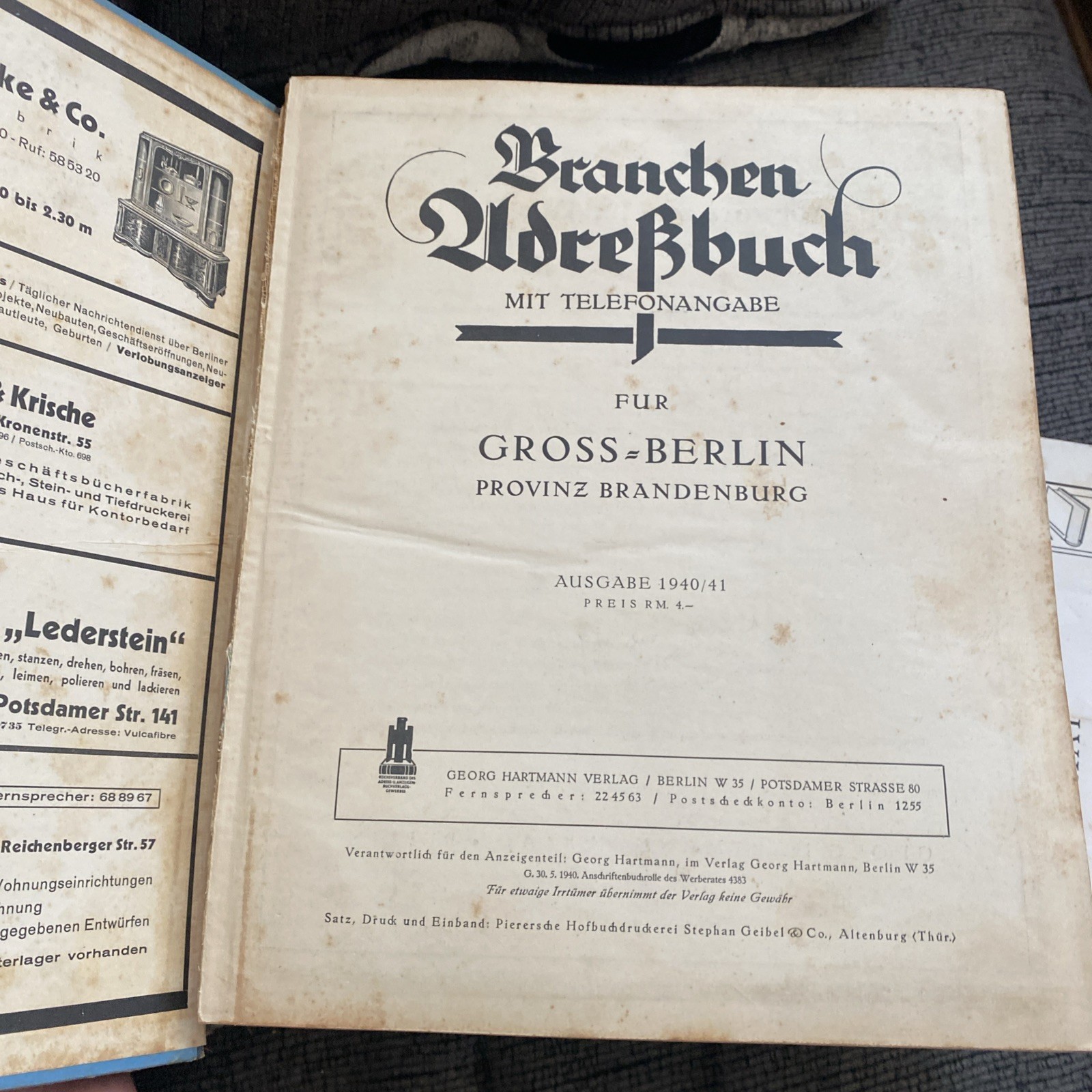 German BERLIN Phone Book 1940-41 WW2 Address Telephone Vintage Directory Germany