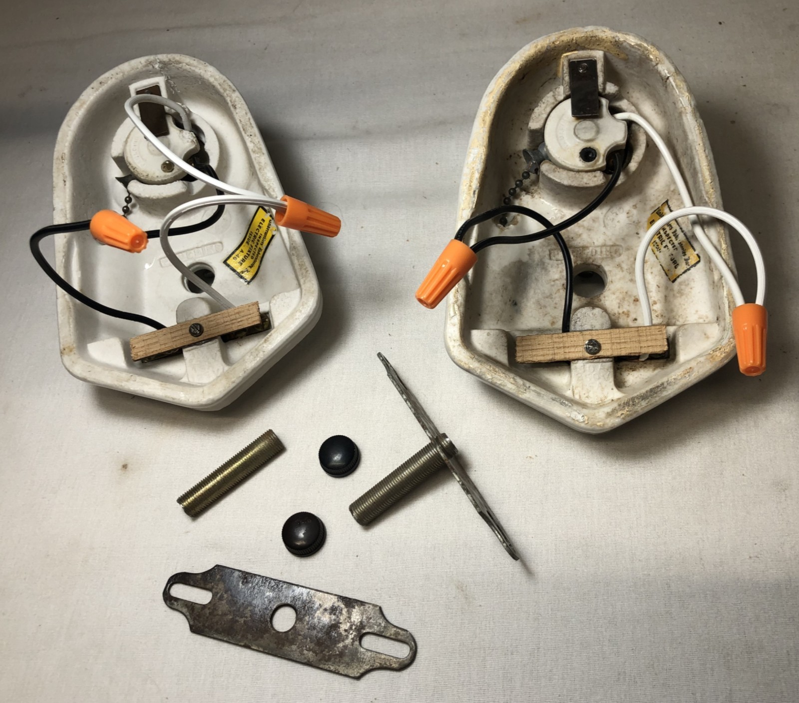 Antique Porcelain Wall Sconce Pair Vtg Light Fixture Ceramic Bath Art USA #J67