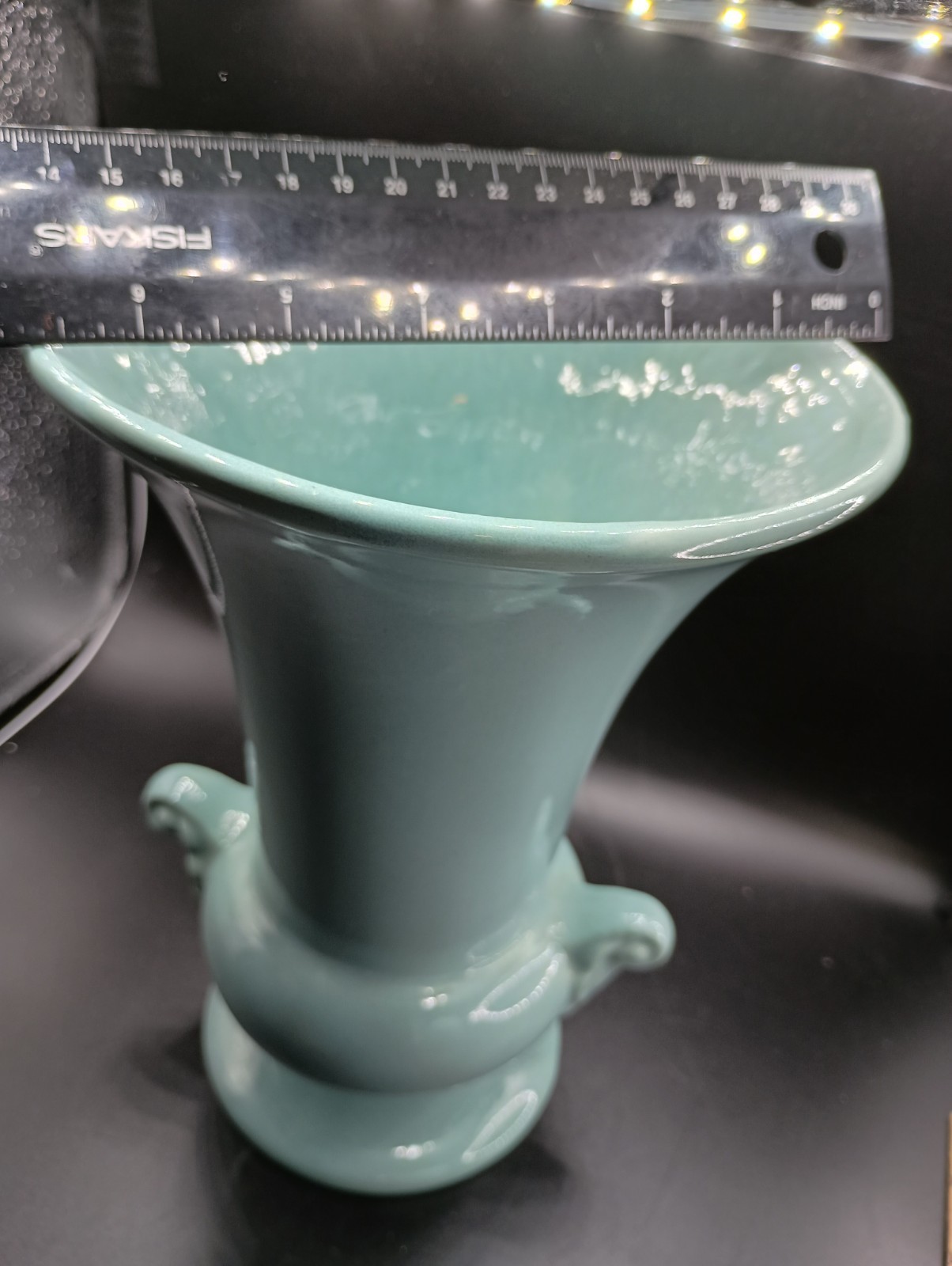 Vintage Pottery Vase Turquoise 9 1/4" H HAEGAR USA Scroll Handle Urn Footed Nice