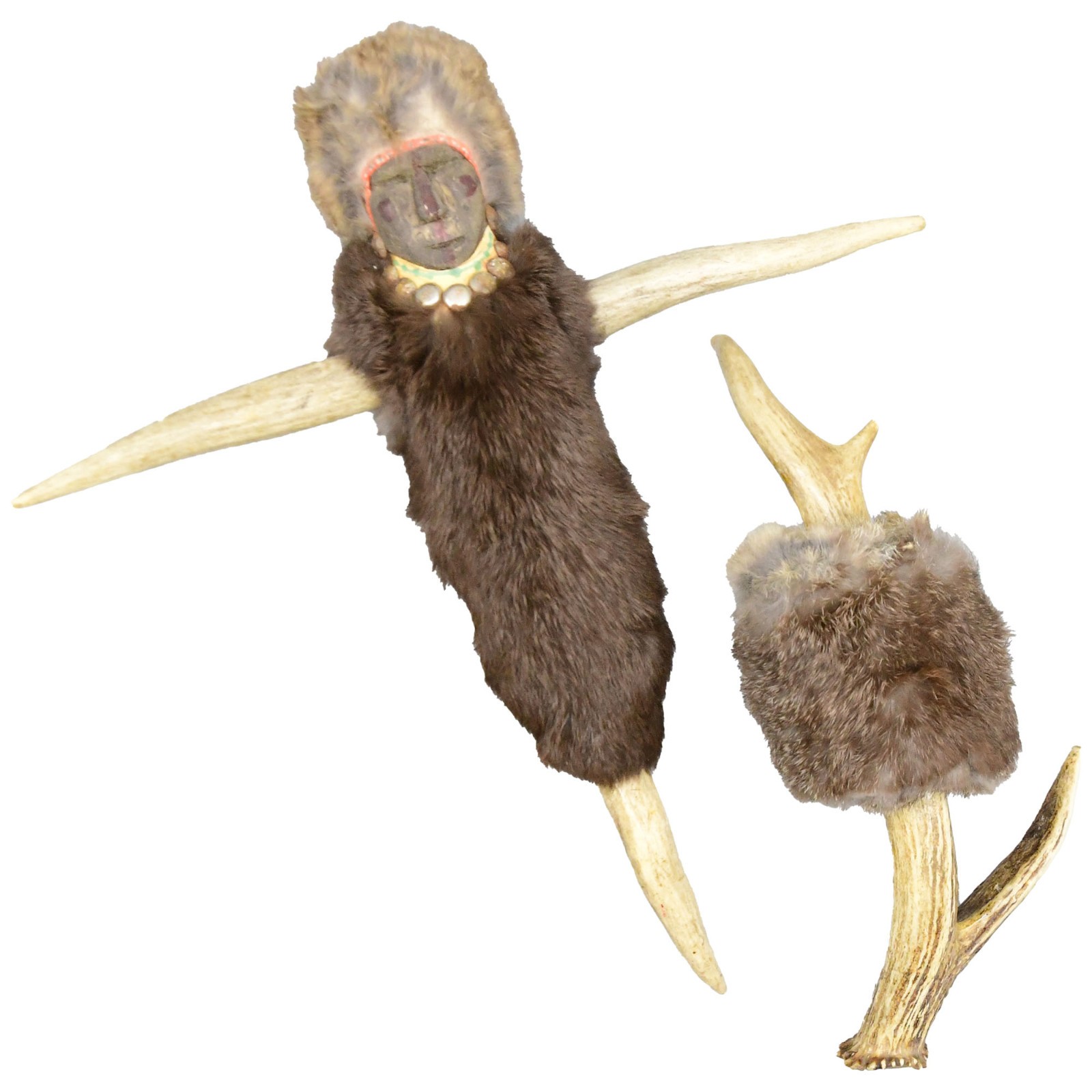 Sioux Two Ceremonial Totems Deer Antler Effigy and Rattle