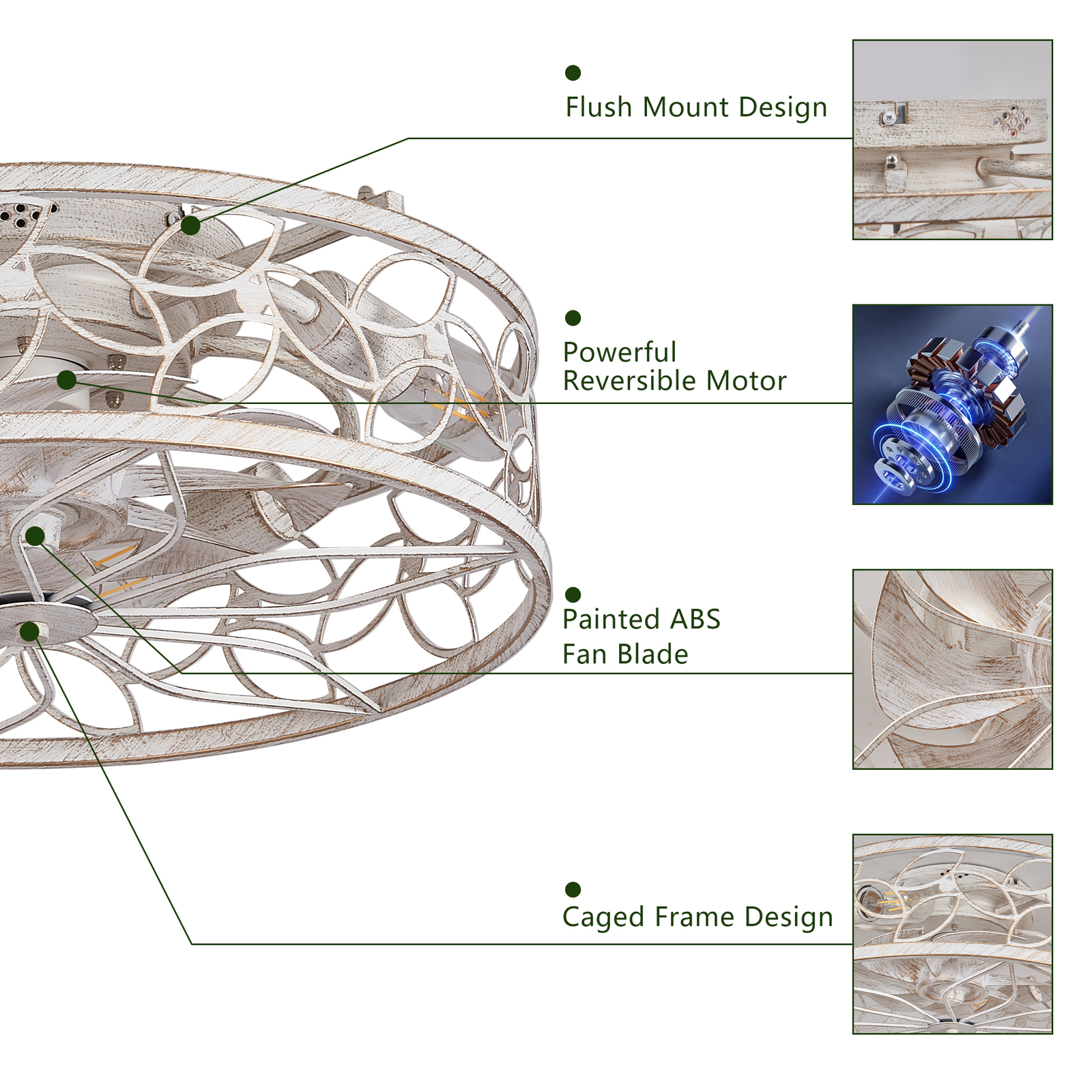 18" White Caged Ceiling Fan Light Farmhouse Flush Mount with Remote Control kit