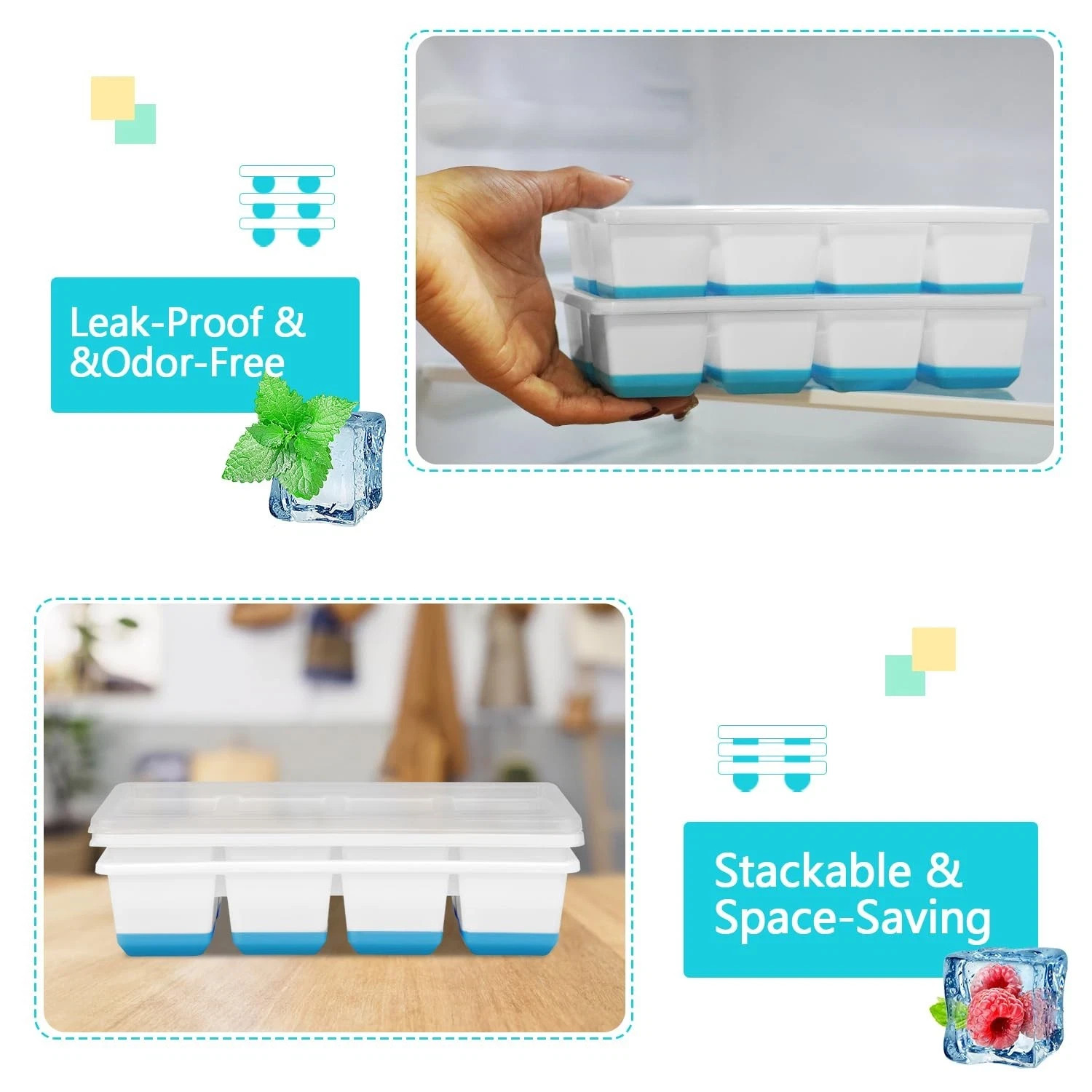 SVOST Large Ice Cube Trays 2 Pack, Silicone Easy-Release Large, Blue White