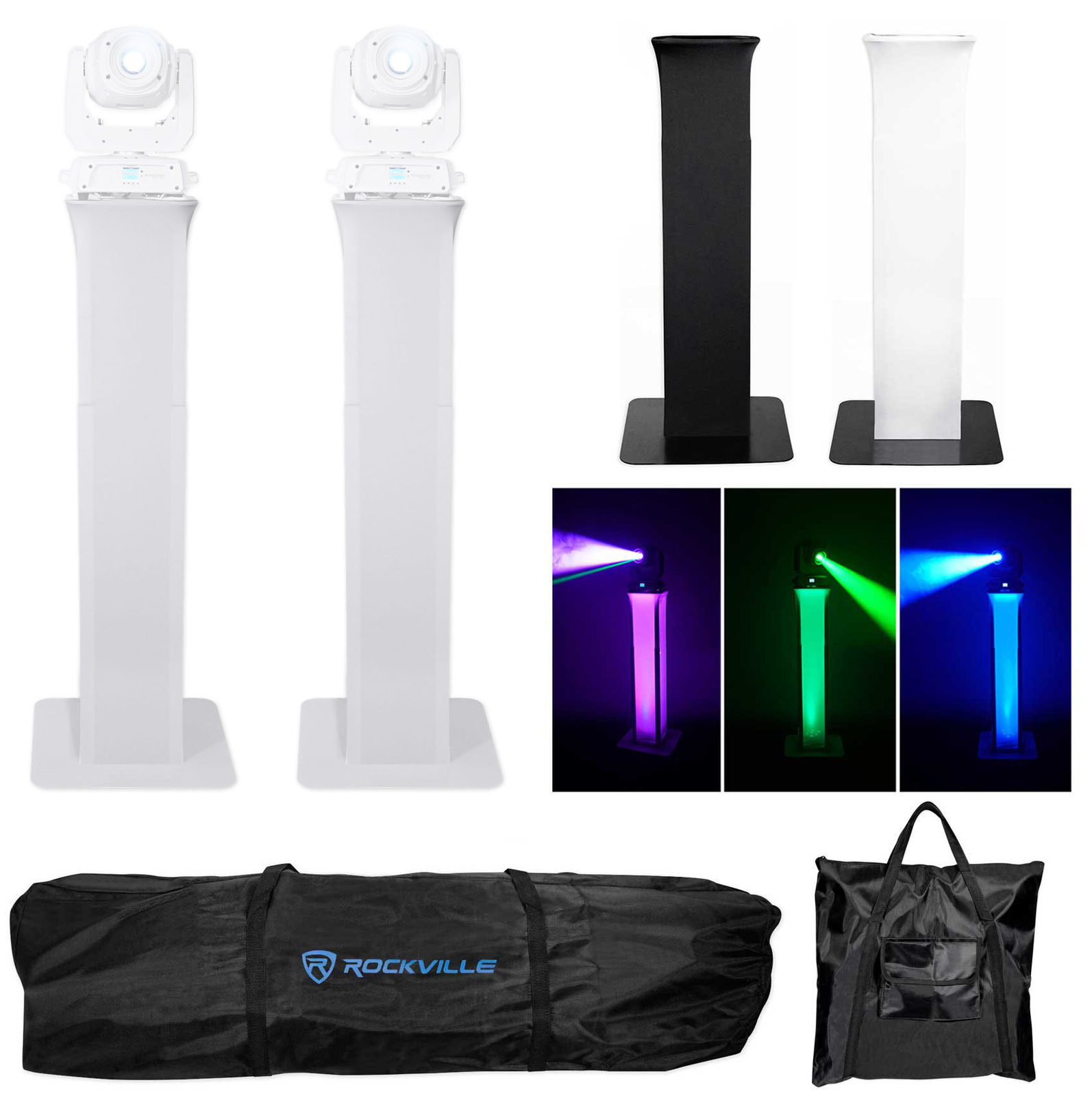 (2) Rockville RTP82W Adjustable White Totem Moving Head Light Stands+Scrims+Bags